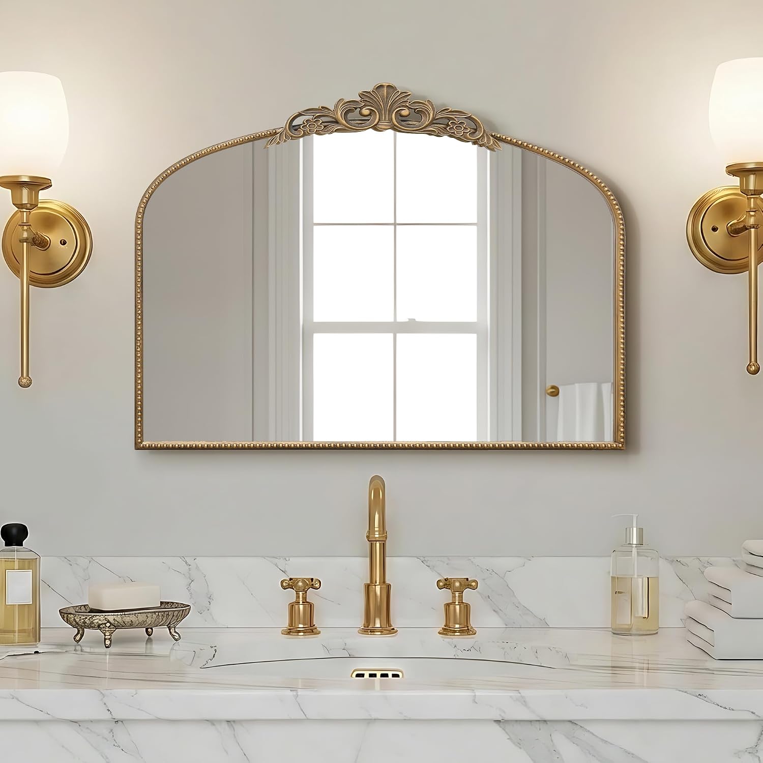 Detalle de Micasso Vintage Wall Gold Mirror: 32x24" French Baroque Antique Beveled Arch