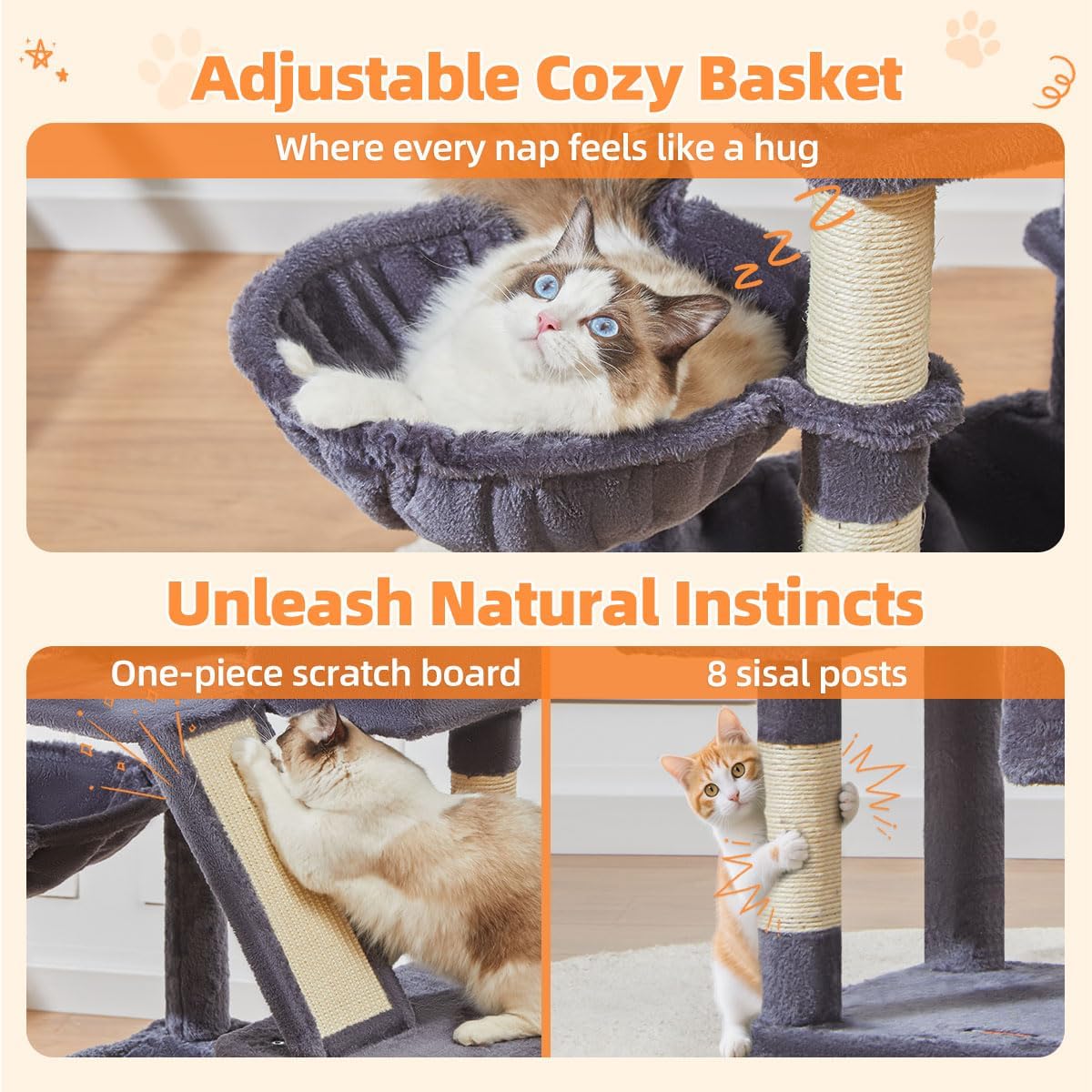 Thumbnail 5 de Taoqimiao Cat Tree 146cm: Multi-level Indoor Cat Tower with 8 Sisal Posts and Dual Top Perches