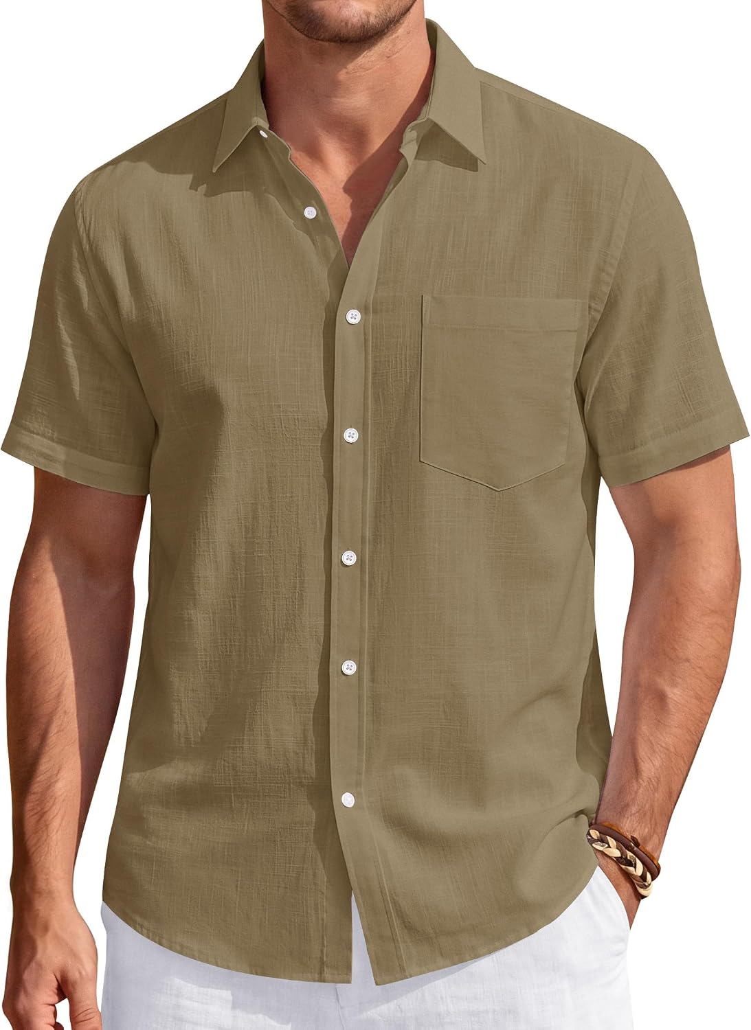 Detalle 2 de J.VER Men's Linen Short Sleeve Shirt with Chest Pocket – Lightweight Cotton Casual Button-Down