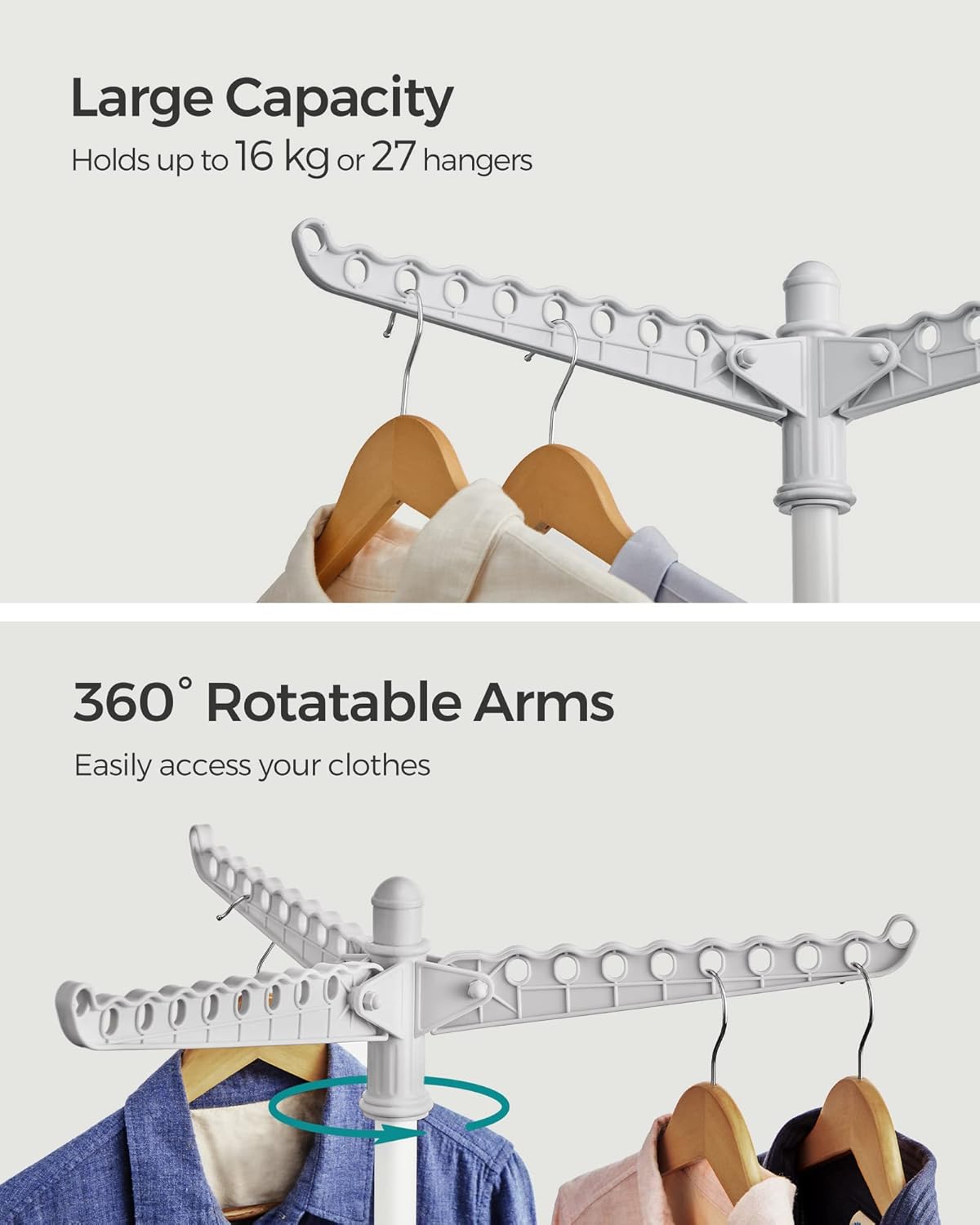 Detalle de SONGMICS Clothes Airer LLR510G01 with 3 Rotatable Arms (27 hangers capacity), foldable indoor drying rack