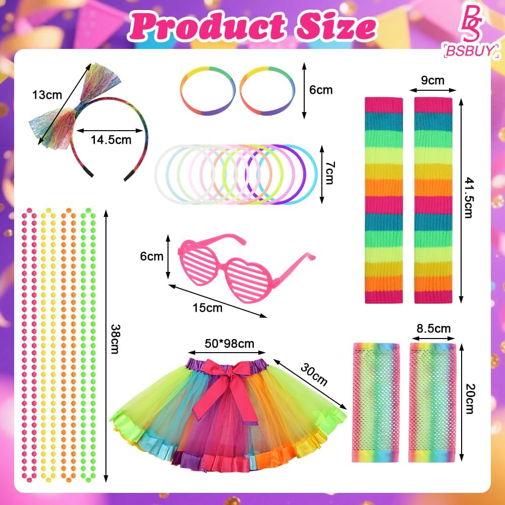 Detalle de BSBUY 5207140 jaren 80-kostuumset voor meisjes met rok en neonaccessoires