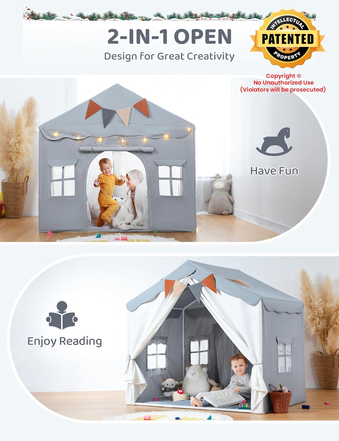 Thumbnail 2 de besrey 2-in-1 Kinderzelt Indoor „Spielhaus“ mit Matte (130 x 90 x 130 cm), Spielzelt/Bettzelt für drinnen ab 3 Jahren – Grau