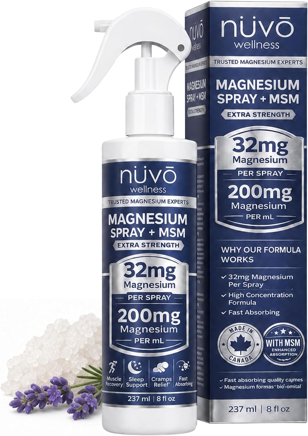 Detalle de NUVO WELLNESS Magnesium Oil Spray with MSM, Lavender, 32 mg per Spray, 237 mL