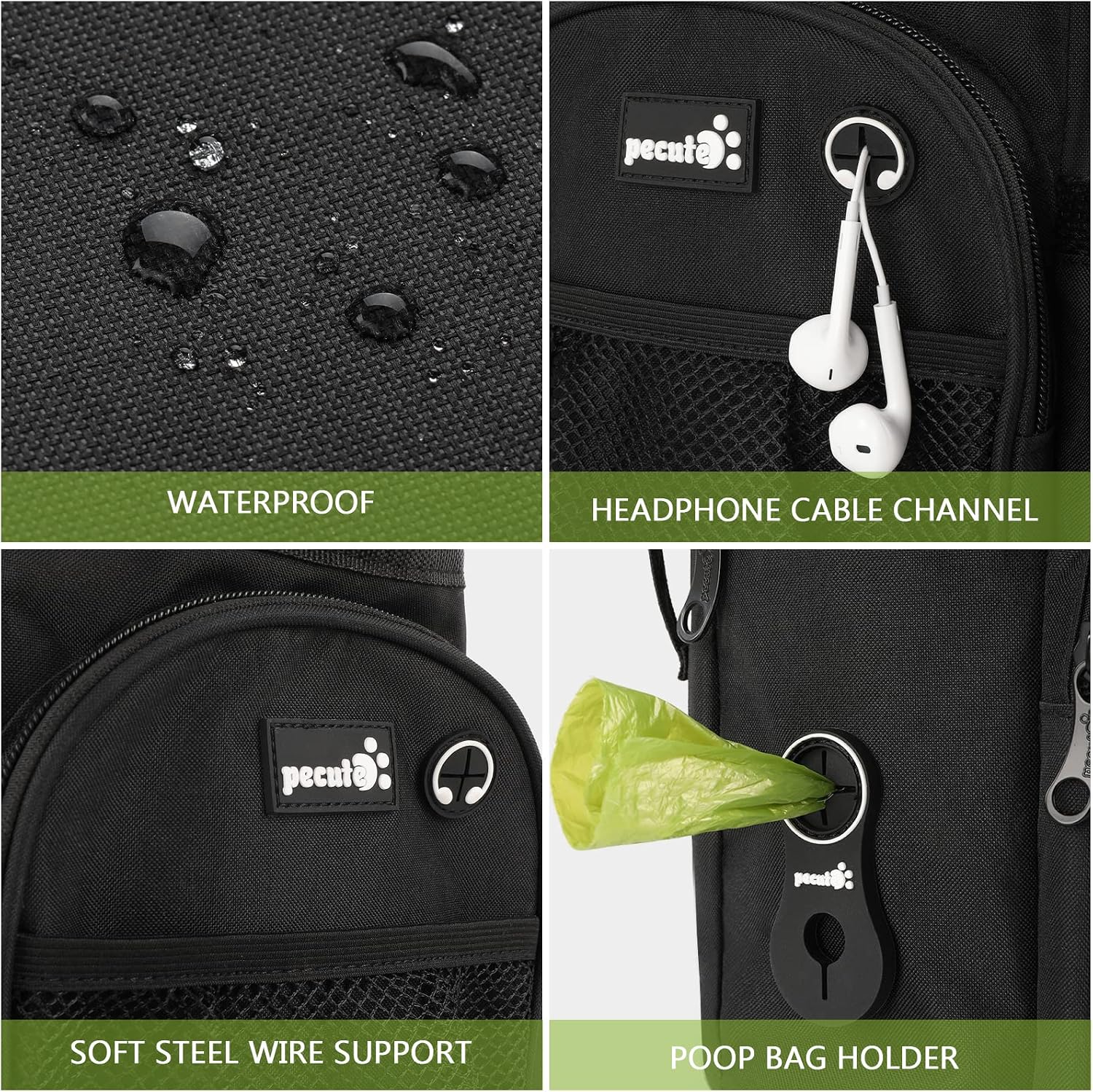 Detalle de Pecute XL Dog Walking Bag with Water Bottle Holder (Black) – 22×21×16CM, 5 Pockets, Waterproof