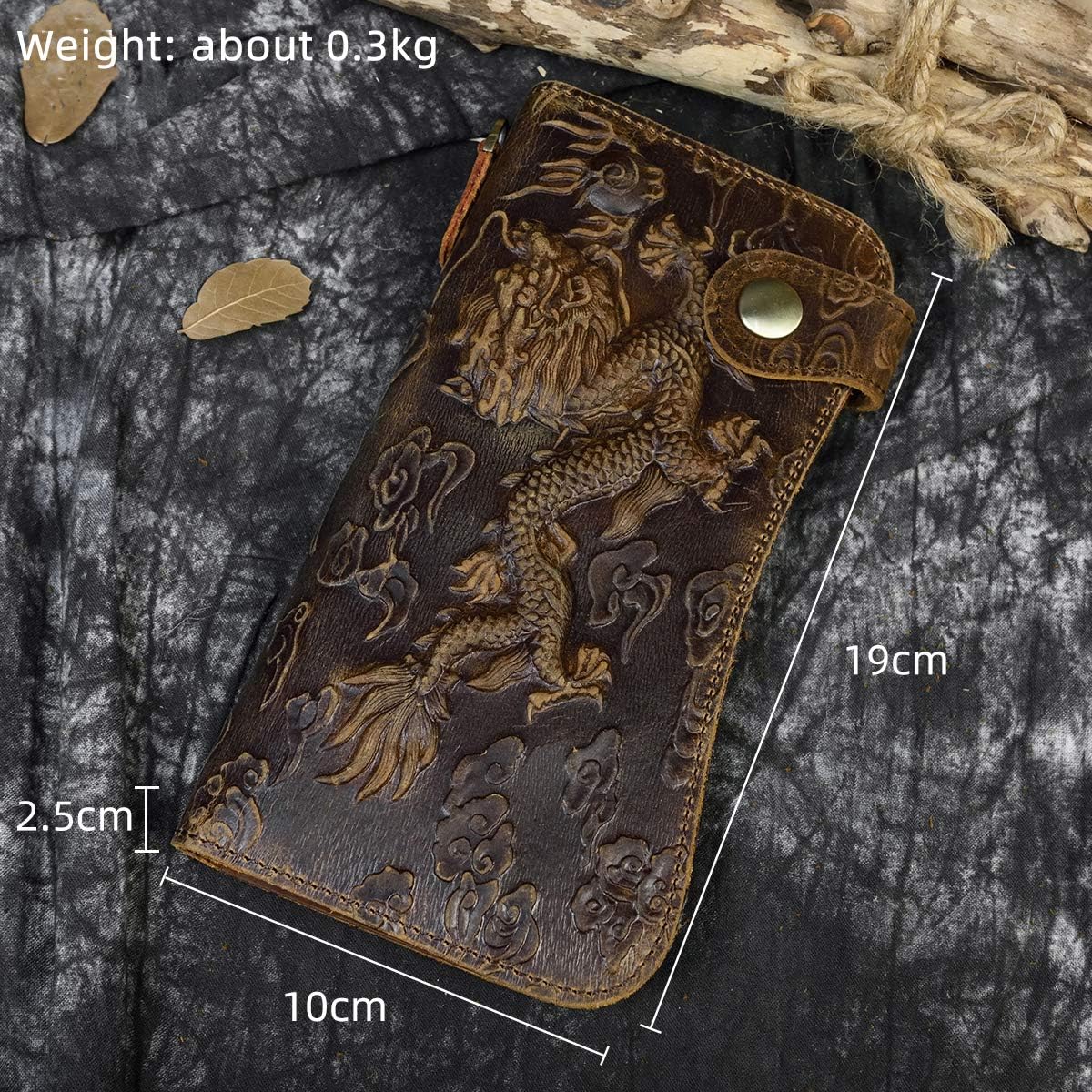 Detalle de LUUFAN Men's Leather Long Wallet with Zipper Pocket and Dragon Detailing
