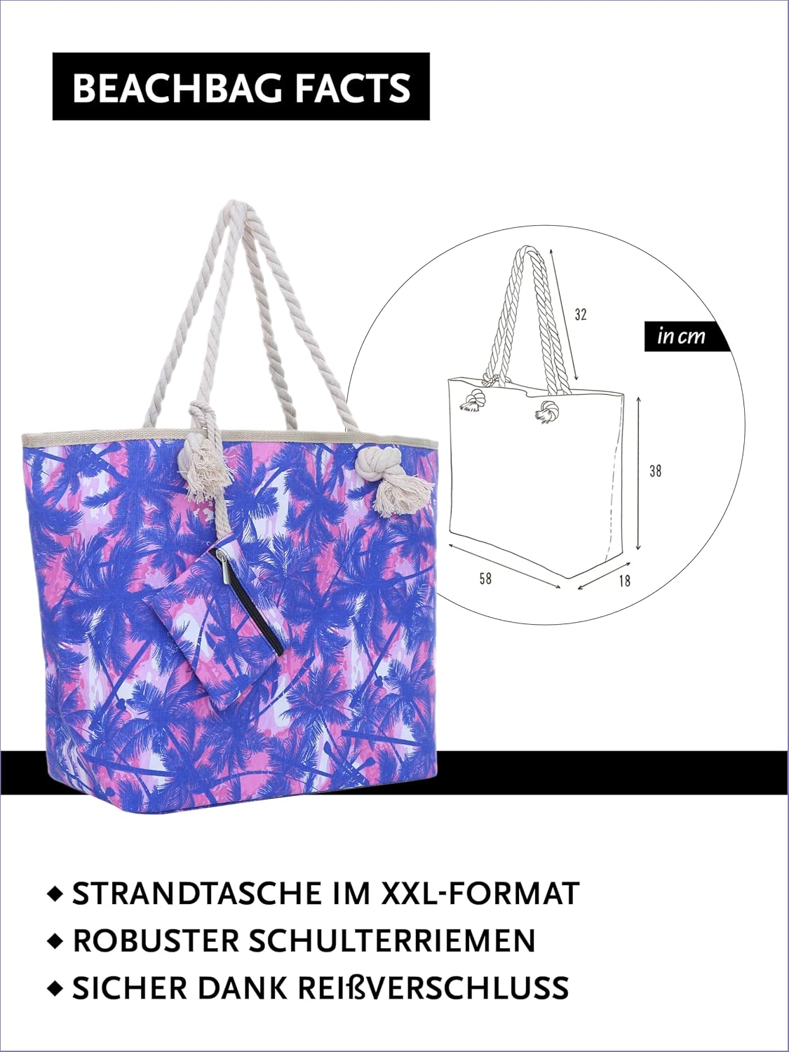 Detalle 2 de DonDon Strandtasche XXL mit Reißverschluss 58 cm