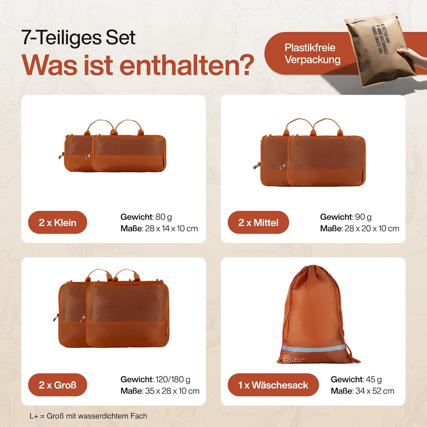 Thumbnail 6 de TRAVEL DUDE Packwürfel Set mit Kompression – 7-teiliges Set aus recycelten Plastikflaschen, Burnt Orange