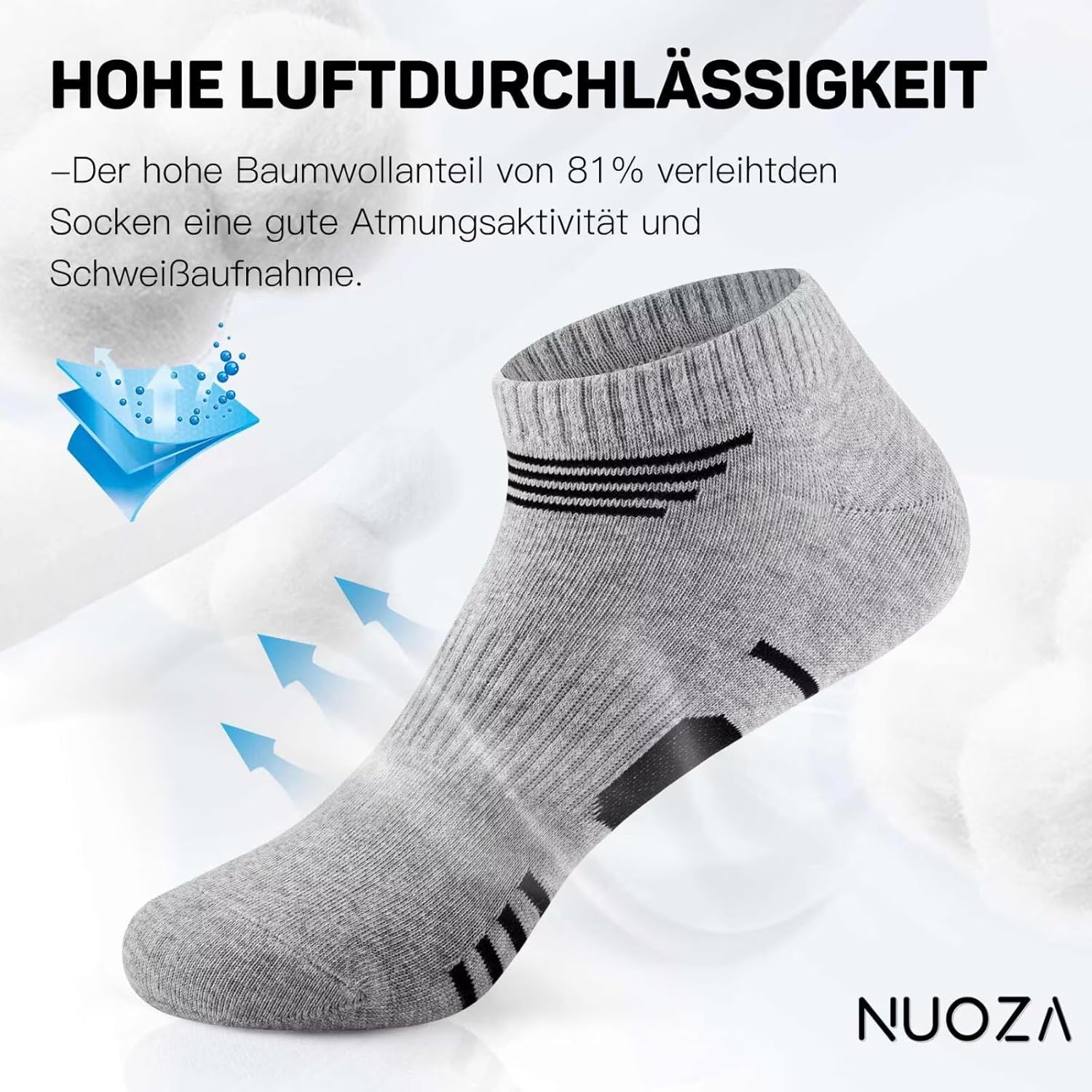 Detalle de NUOZA Sneaker Socken 10 Paar – Baumwolle, atmungsaktiv, für Herren und Damen (Größen 35–50)