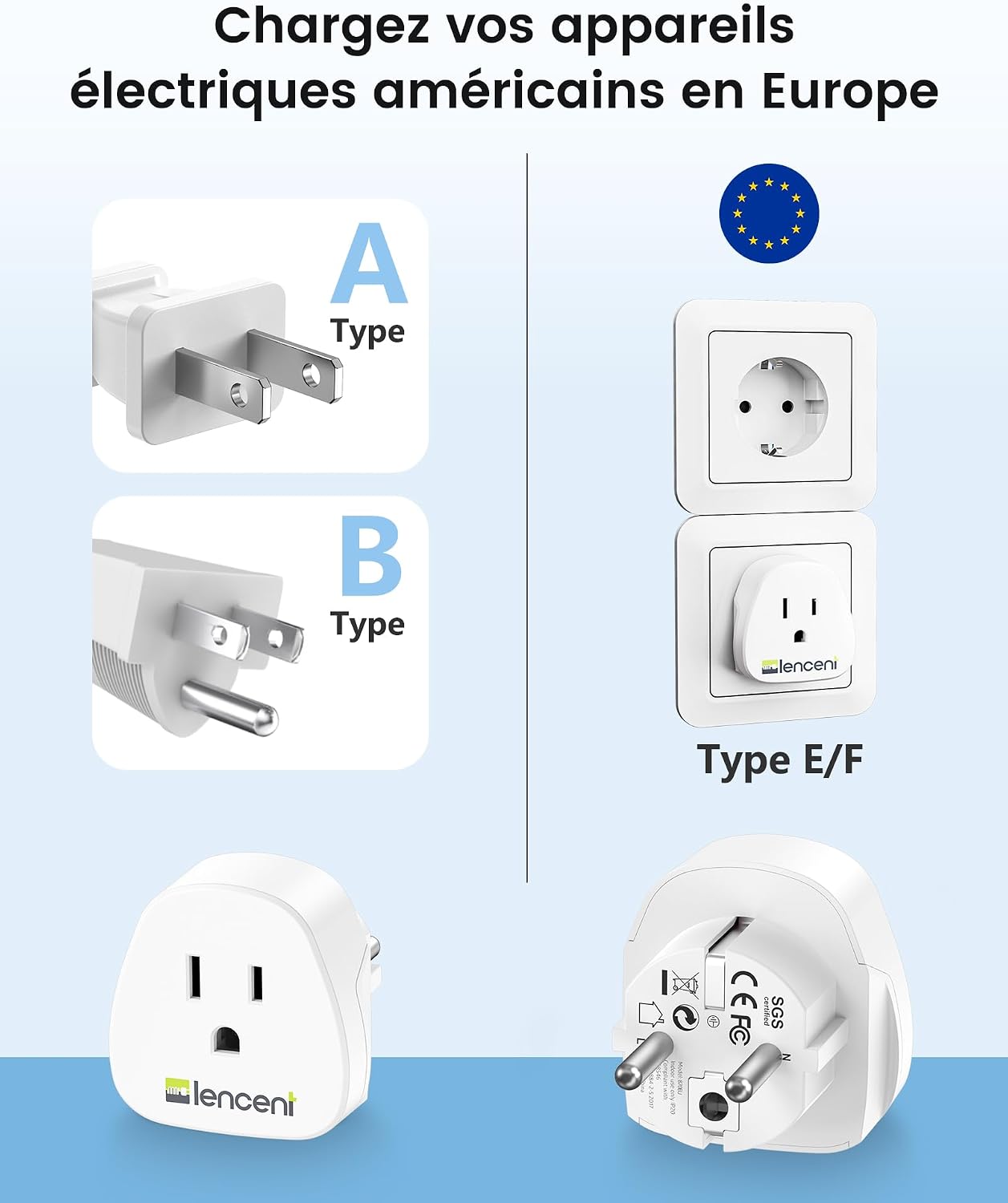 Thumbnail 1 de LENCENT-adapter type A/B naar type E, 2 stuks voor Amerikaanse stekkers
