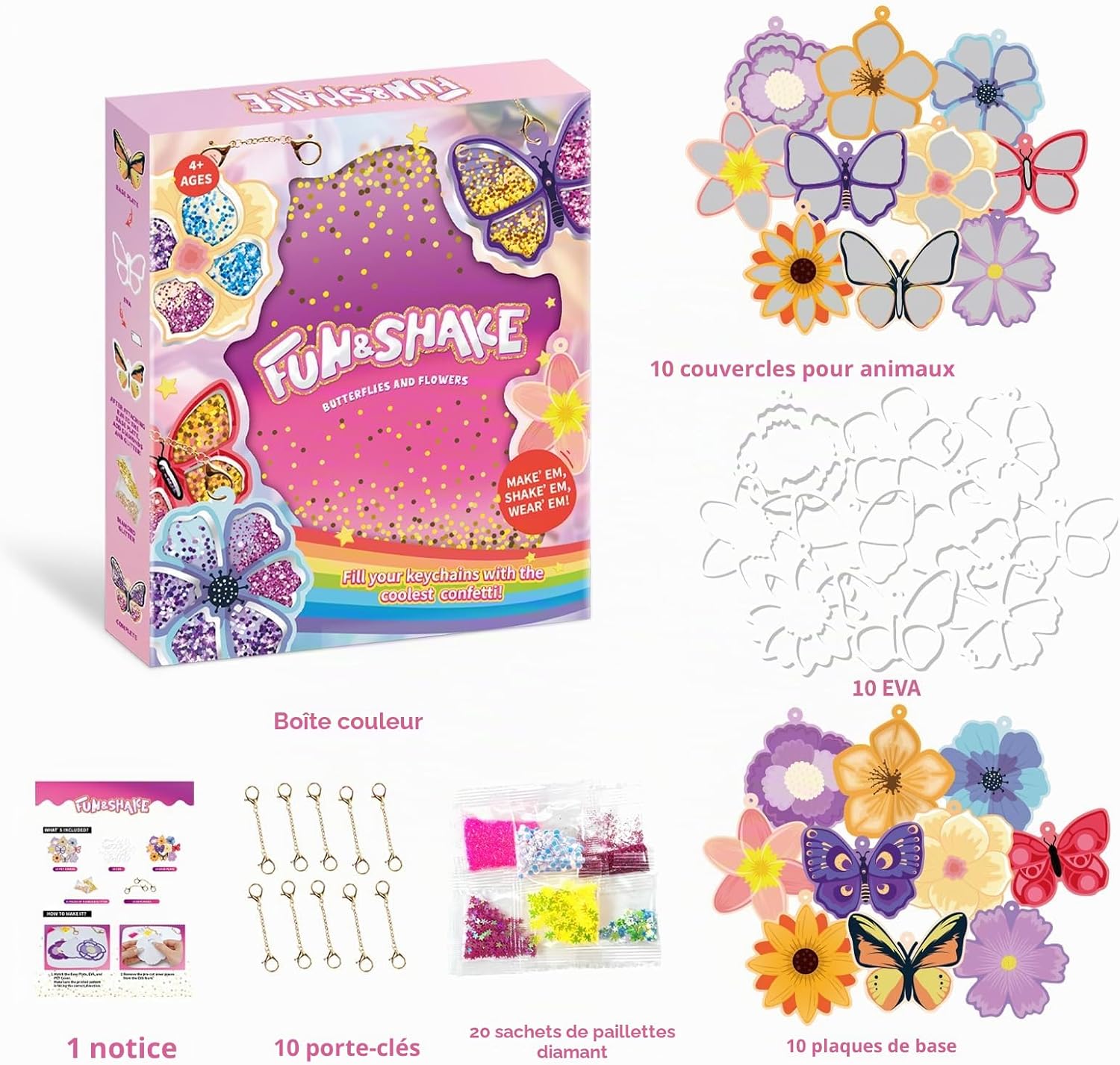 Detalle de Afufu Q9062 shaker-sleutelhangerset met glitter, bloemen en vlinders