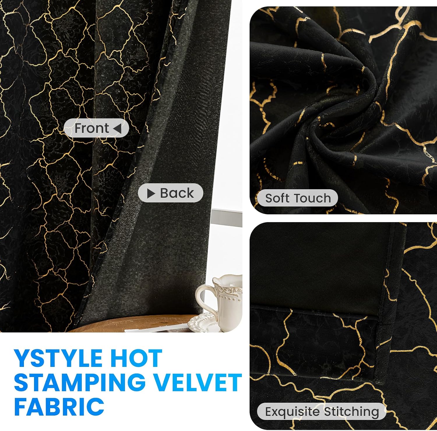 Thumbnail 4 de Ystyle Rideau occultant en velours noir avec motifs dorés (lot de 2) 140x245 cm