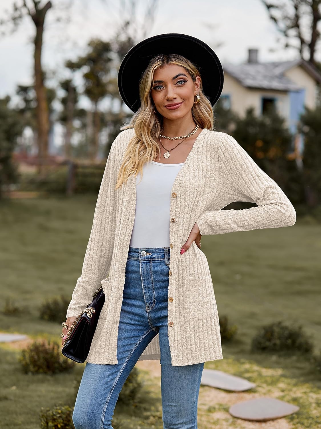 Detalle 2 de Famulily Women's Long Sleeve Open Front Cardigan with Pockets