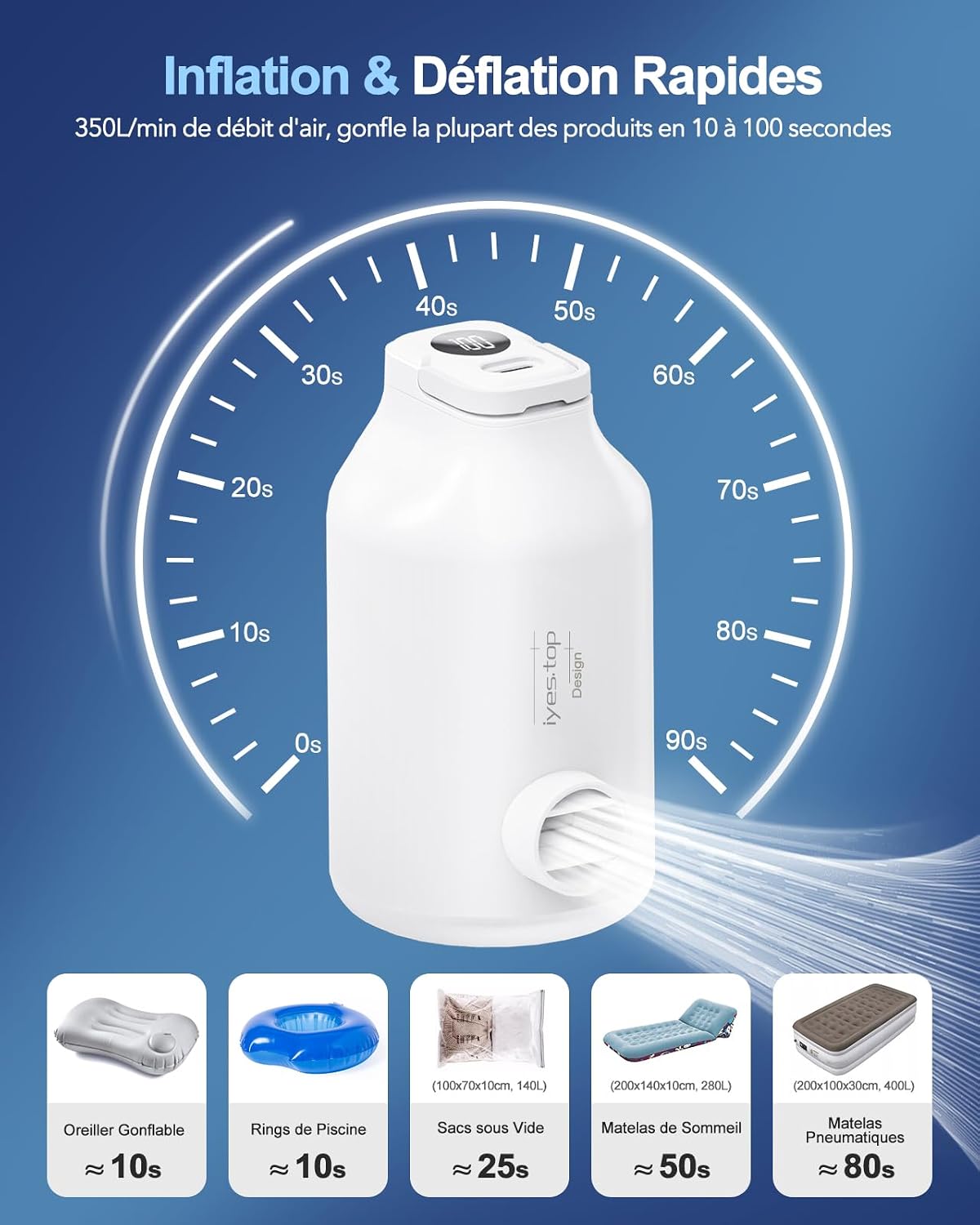 Detalle de Pompe à air électrique Gonfleur portable avec batterie pour matelas et lits gonflables – 5 buses + lampe LED