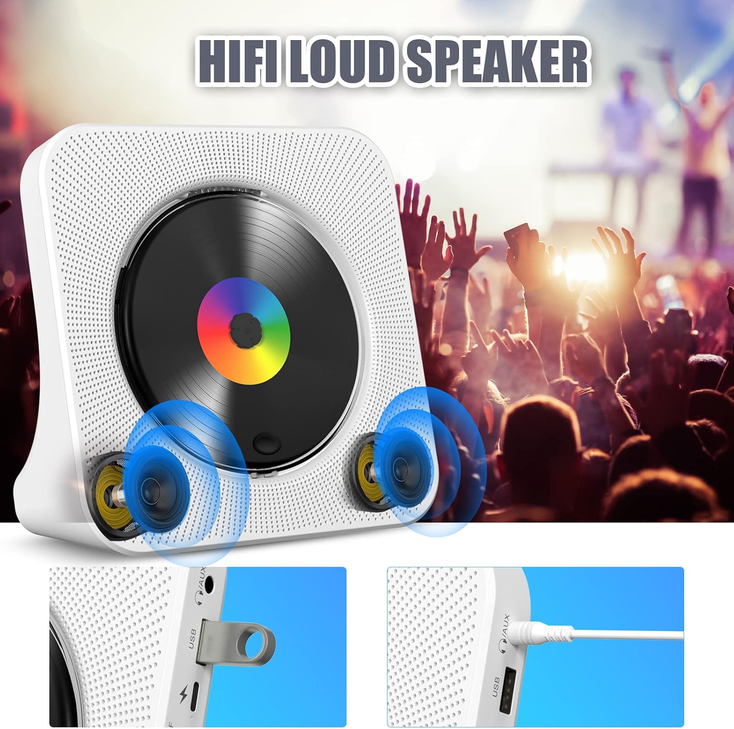 Detalle de Lecteur CD de Bureau Gueray 6-en-1 avec Bluetooth, Hi-Fi intégré et écran LED