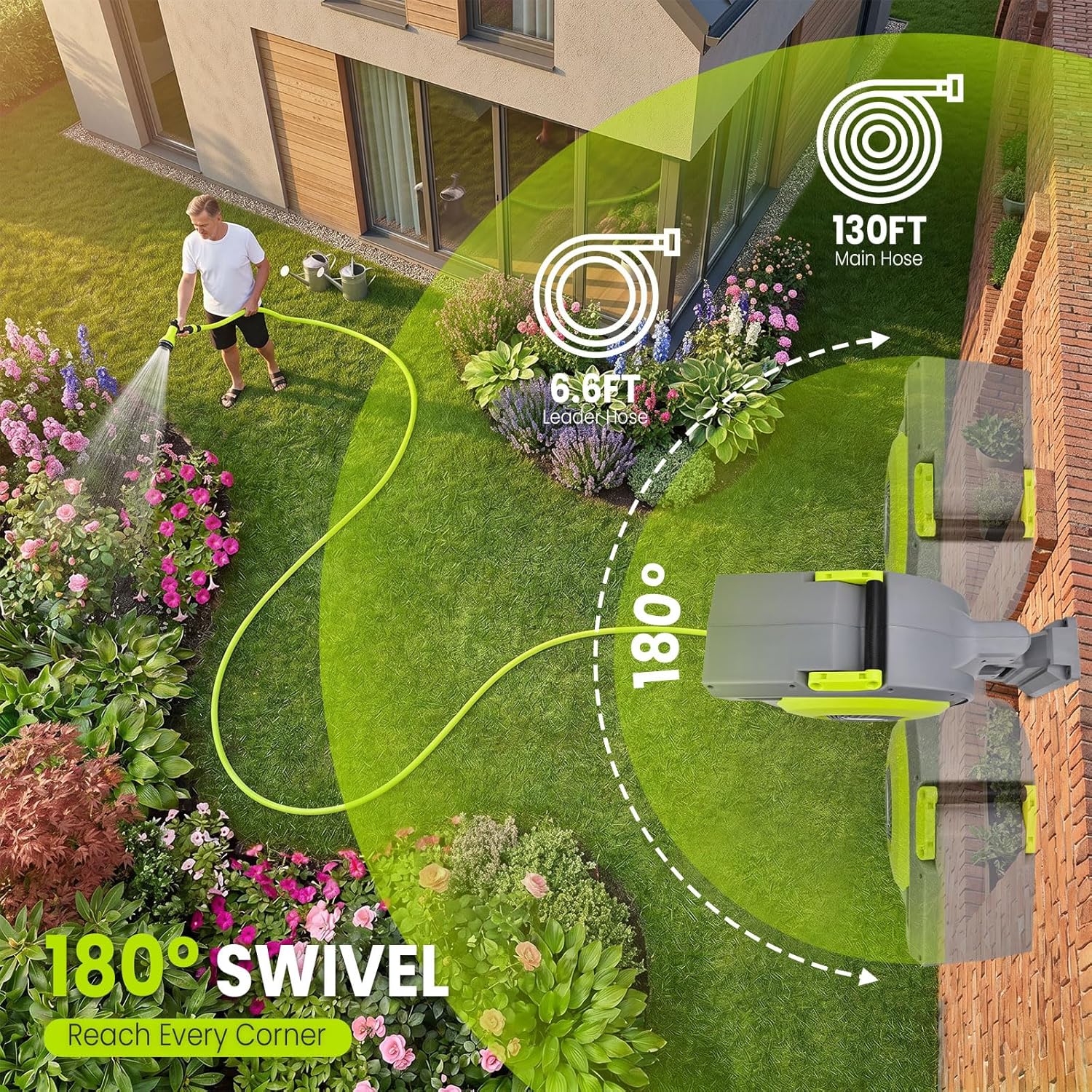 Detalle de Bietor Retractable Garden Hose Reel 1/2” x 40m+2m – UV-Resistant, Wall-Mount, 9-Pattern Nozzle