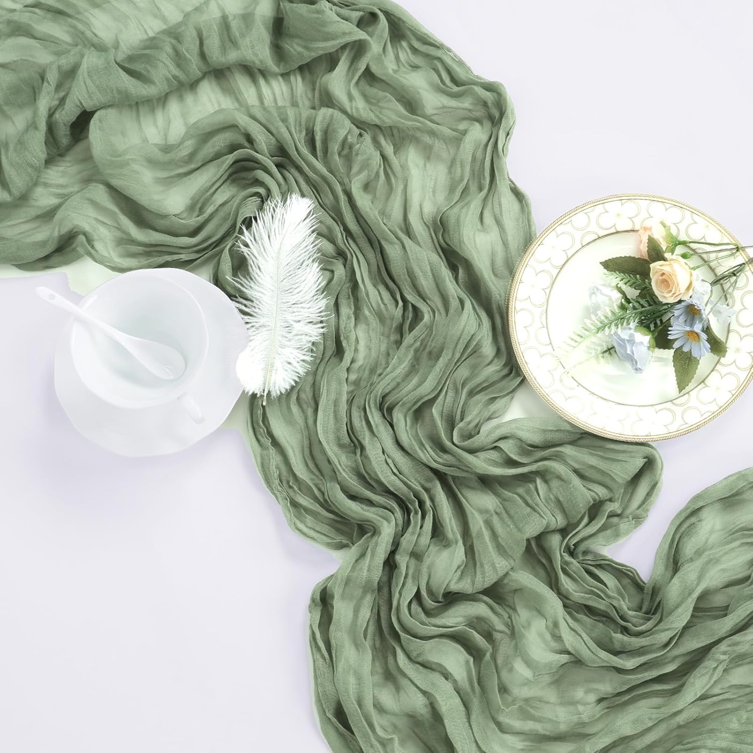 Detalle de 6 Pack Sage Green Boho Gauze Table Runner (35 x 120 in) for Rustic Spring Décor, Baby Showers, Weddings