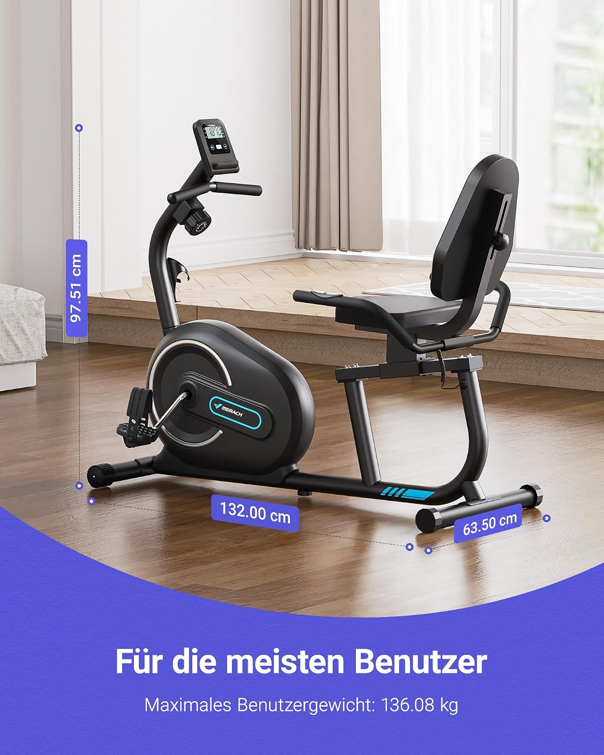Thumbnail 6 de MERACH Liegeergometer S08/S23 – leiser Heimtrainer mit 8-stufigem Magnetwiderstand, App-Kompatibilität und Herzfrequenzsensoren