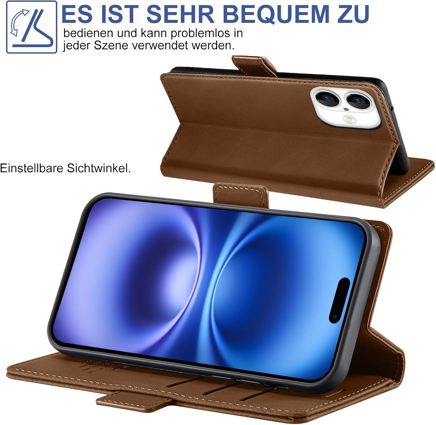 Thumbnail 4 de Giyer Handyhülle für iPhone 16 mit Kartenfach, Schutzfolie & Standfunktion (Braun)