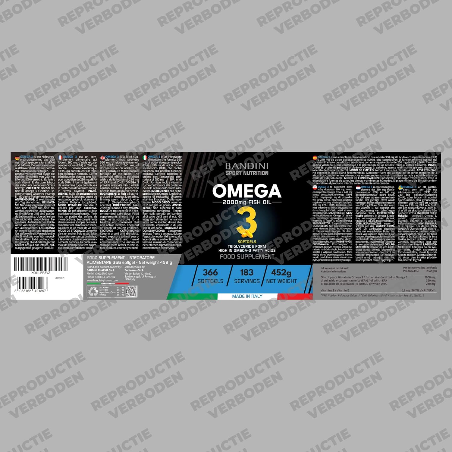 Detalle 1 de BANDINI Omega 3 visolie, 366 softgels met 360 mg EPA en 240 mg DHA
