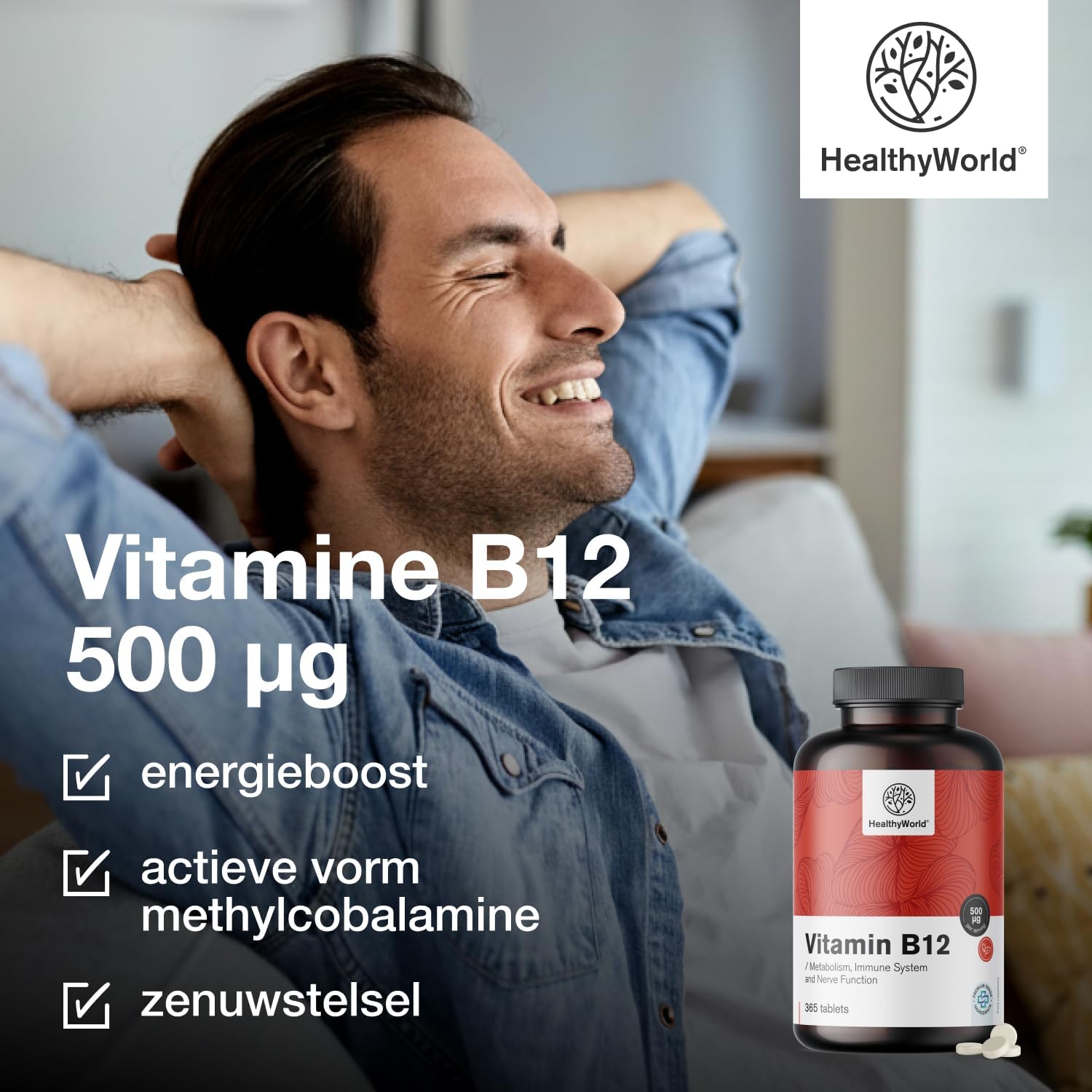 Detalle de HealthyWorld Vitamine B12 500 µg methylcobalamine, 365 tabletten