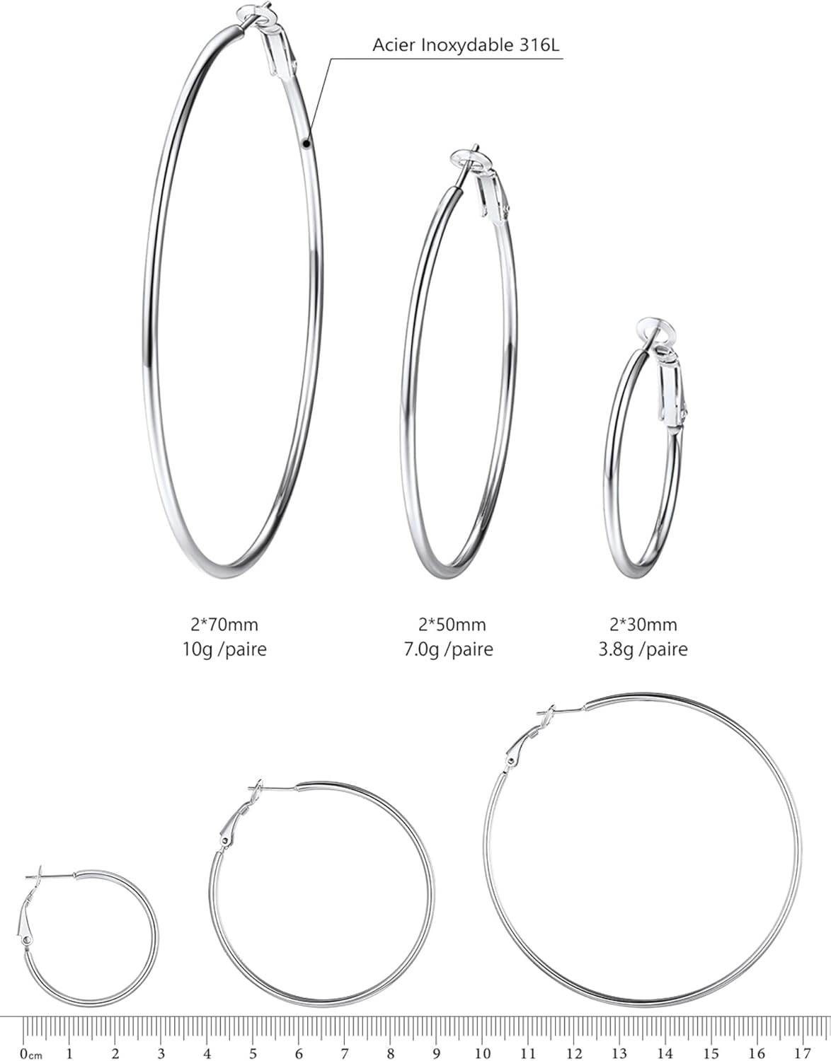 Thumbnail 6 de PROSTEEL Créoles femme 30/50/70 mm – lot de 3 paires en acier inoxydable