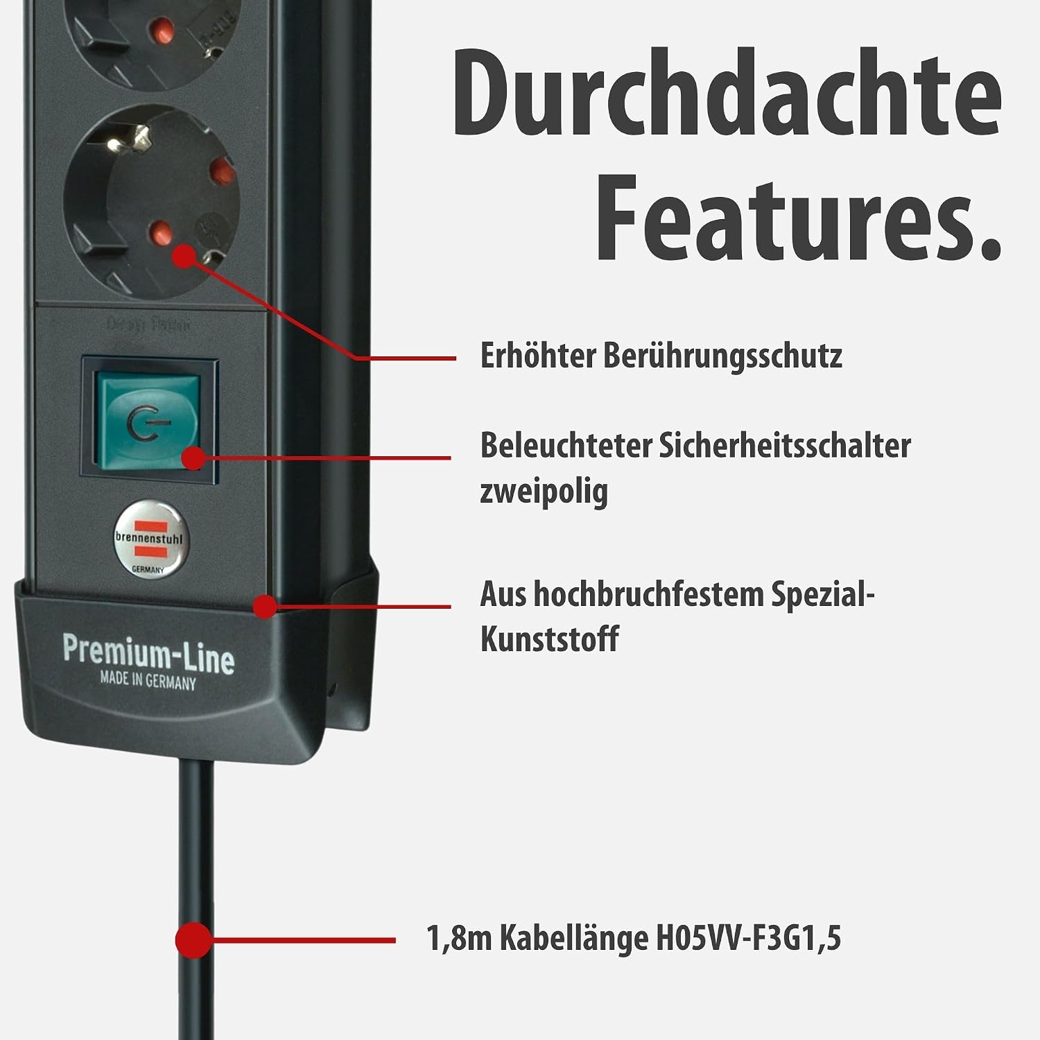 Detalle de Brennenstuhl Premium-Line Steckdosenleiste 4-Fach, 1,8 m – Schwarz