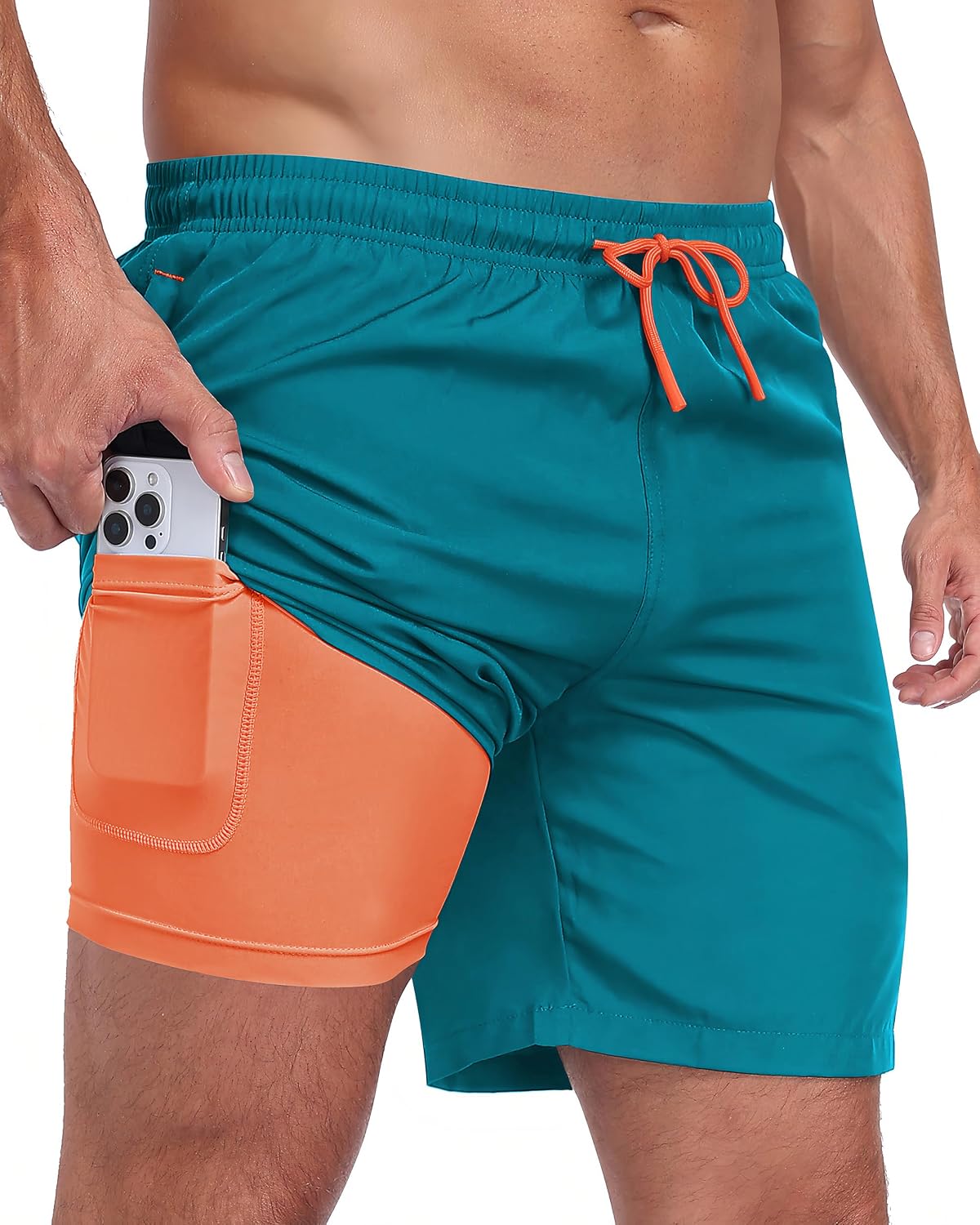 Detalle de Zzkouine 2-in-1 Badehose für Herren – leichte, schnelle Trocknung mit integrierter Innenhose und praktischen Taschen