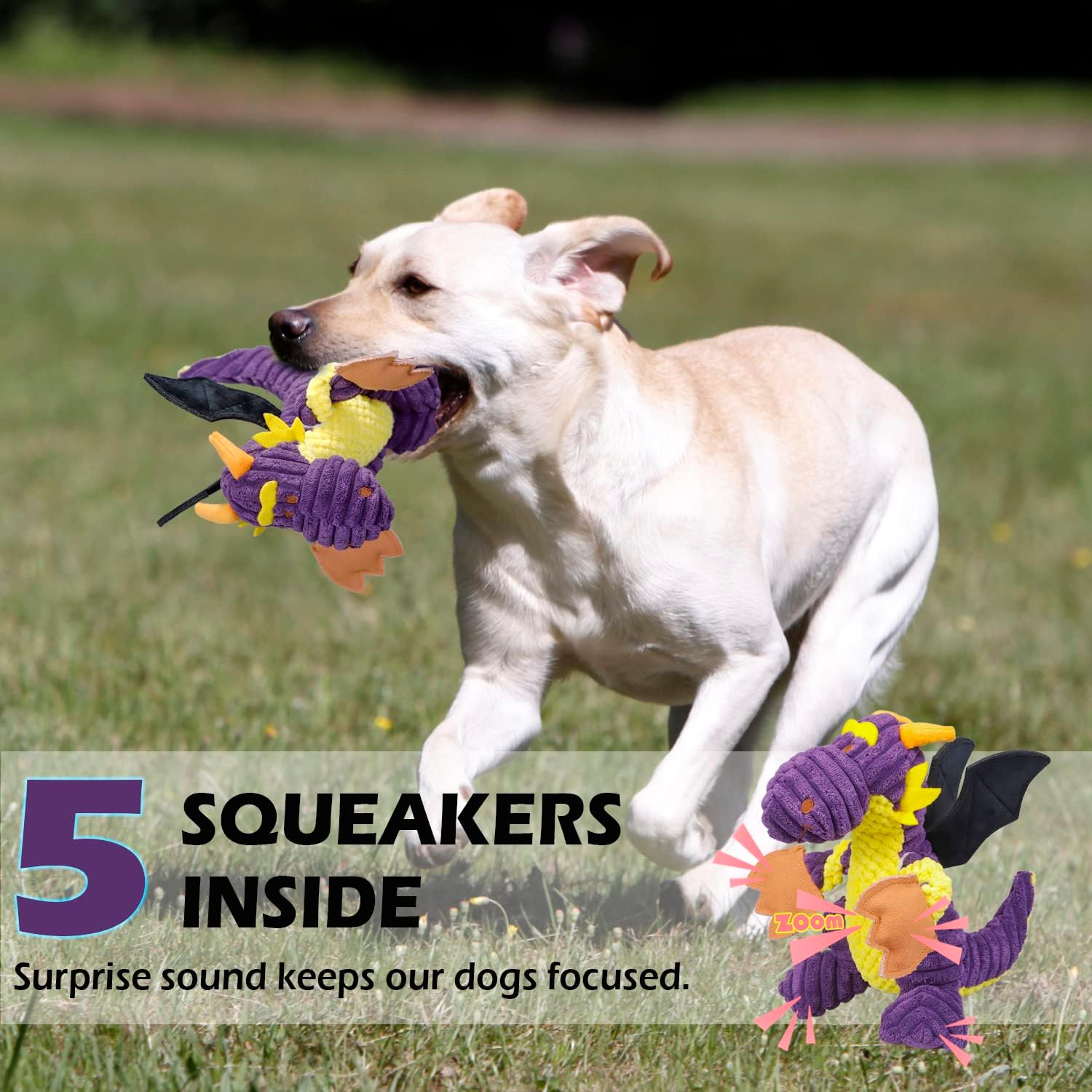 Detalle de GOOLA Purple Dragon Dog Toy – Plush Squeaky Tug & Fetch Toy for Large Breeds