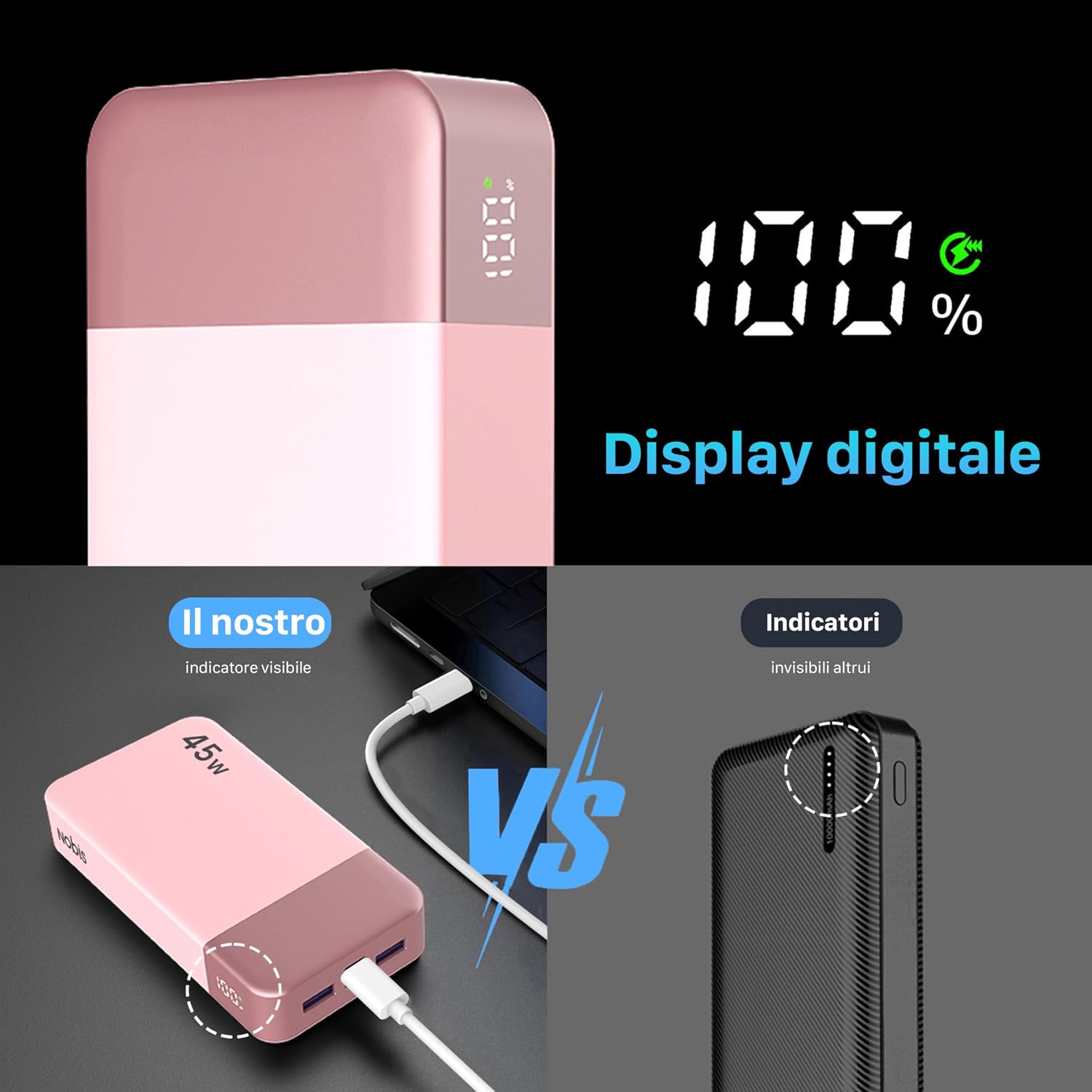 Detalle 2 de NOBIS Power Bank 20000mAh 45W: ricarica bidirezionale USB-C 4 porte, display LED – Rosa