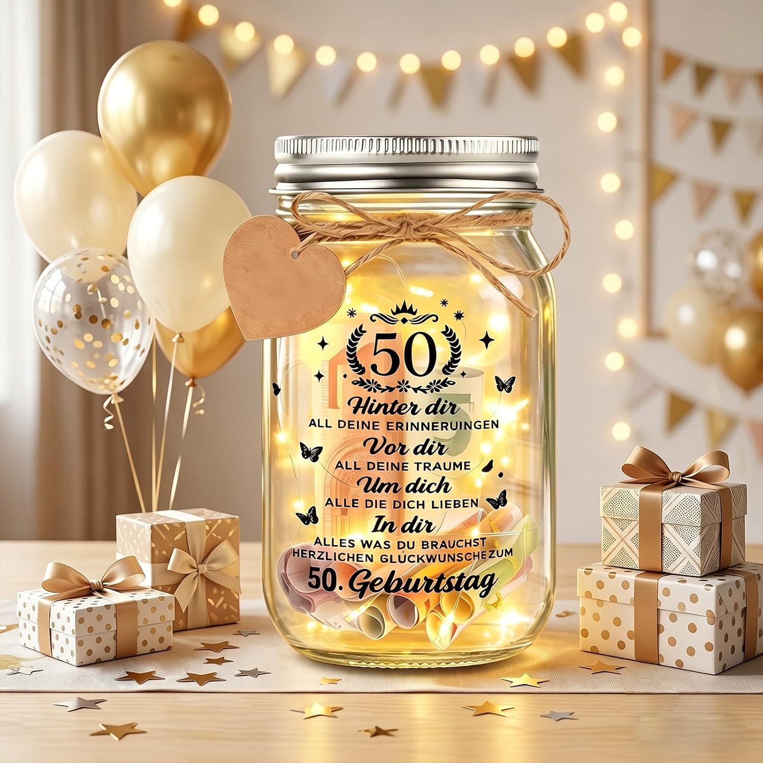 Thumbnail 4 de Johiux LED Flaschenlicht zum 50. Geburtstag mit Biene – Glücksbringer, Karte und Lichtdeko im Geschenketui