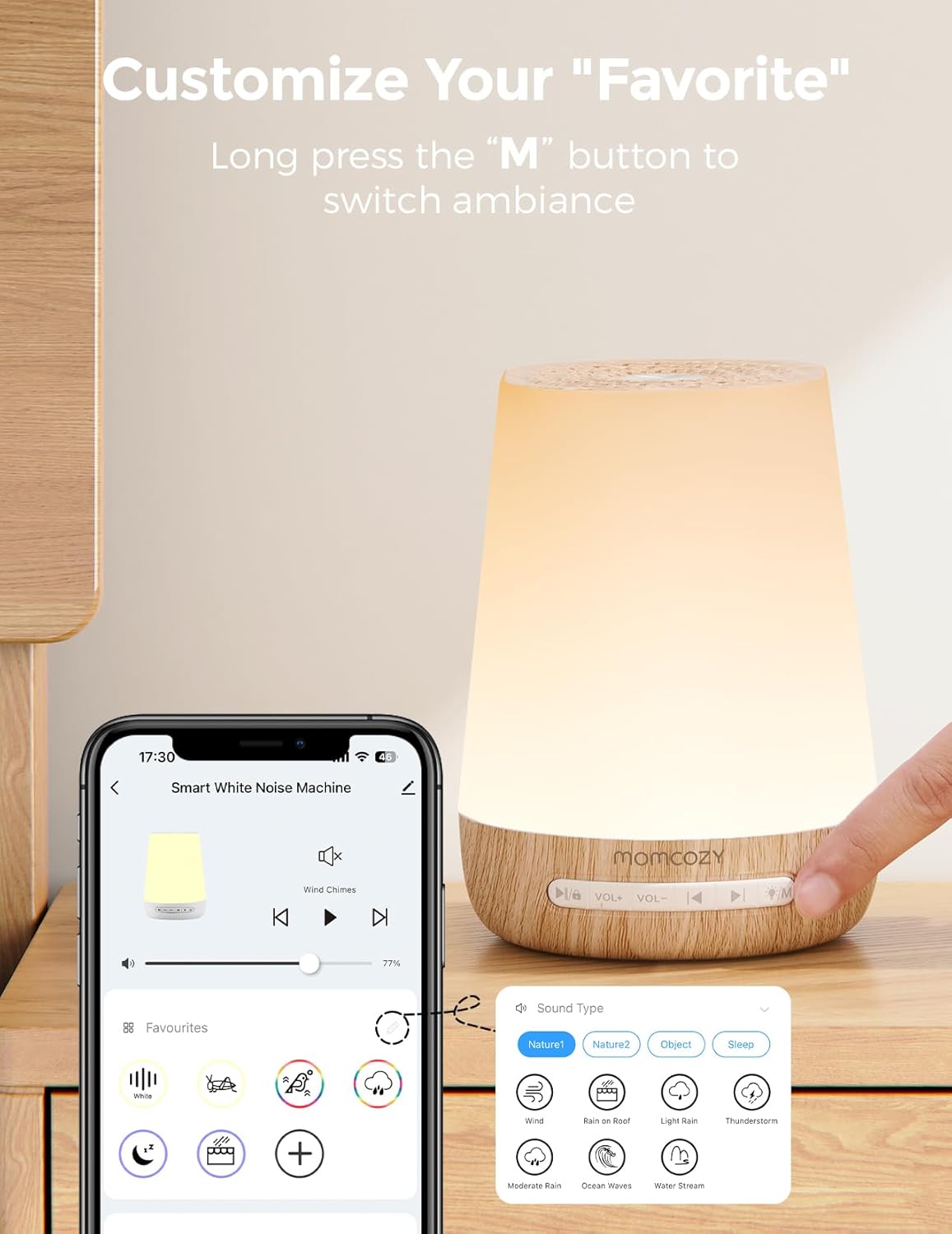 Detalle de Momcozy White Noise Machine – Tragbar, 34 Geräusche, Nachtlicht & App-Steuerung