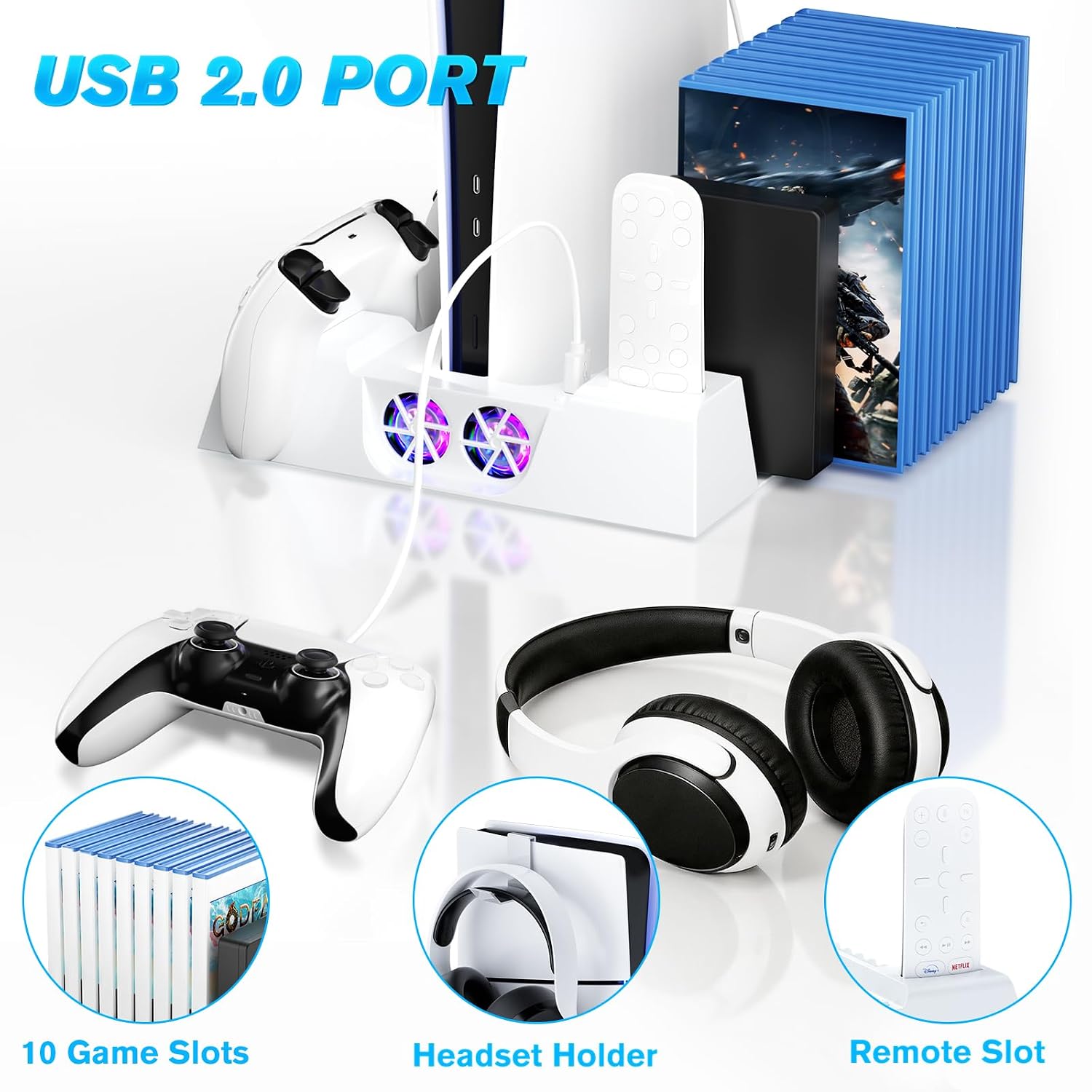 Detalle 2 de LENISUOLE PS5/Slim/Pro Stand and Cooling Station with Dual Controller Charging & Headset Holder