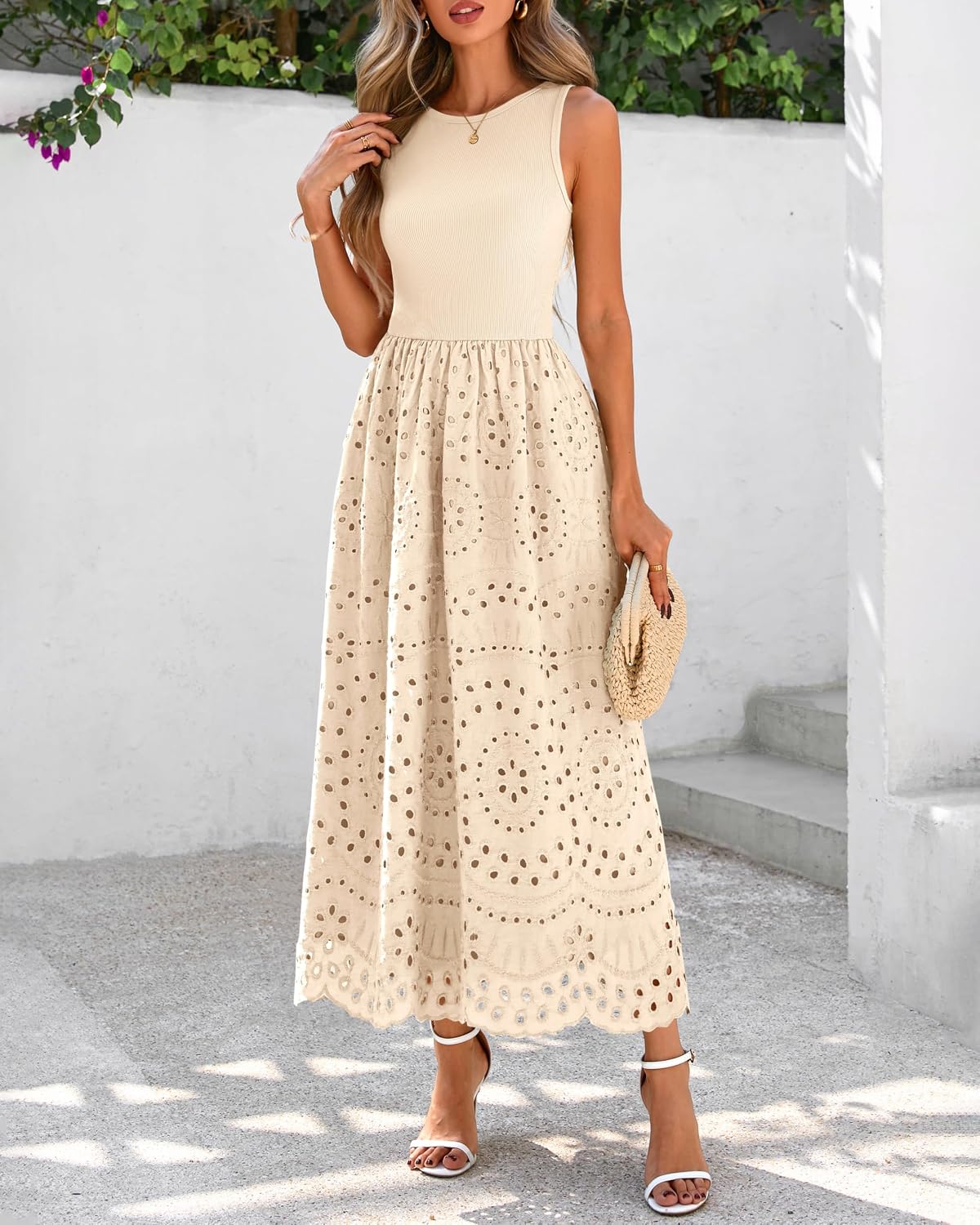Detalle de Dowerme Summer Lace Eyelet Maxi Dress with Pockets – Boho Cotton Sleeveless A-Line