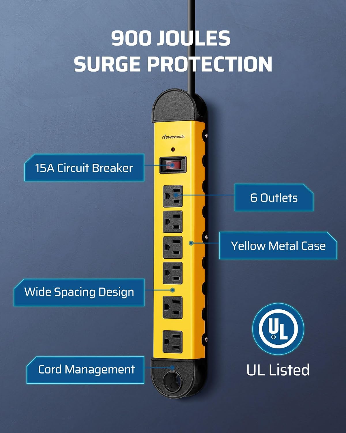 Detalle 2 de DEWENWILS PS-678F-3 Metal Power Strip, 6 Outlets, 900-Joule Surge Protection