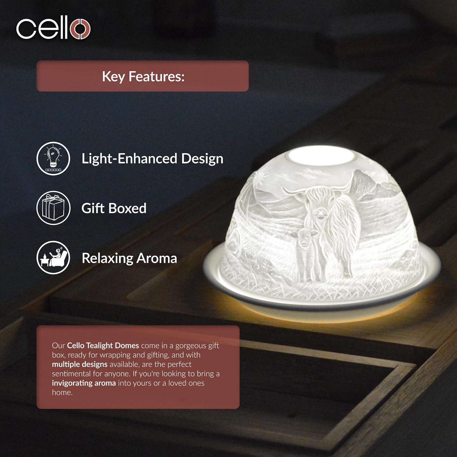 Thumbnail 4 de Cello Porcelain Tealight Holder Dome – Highland Cow 3D Projection & Optional LED Wax Warmer Look