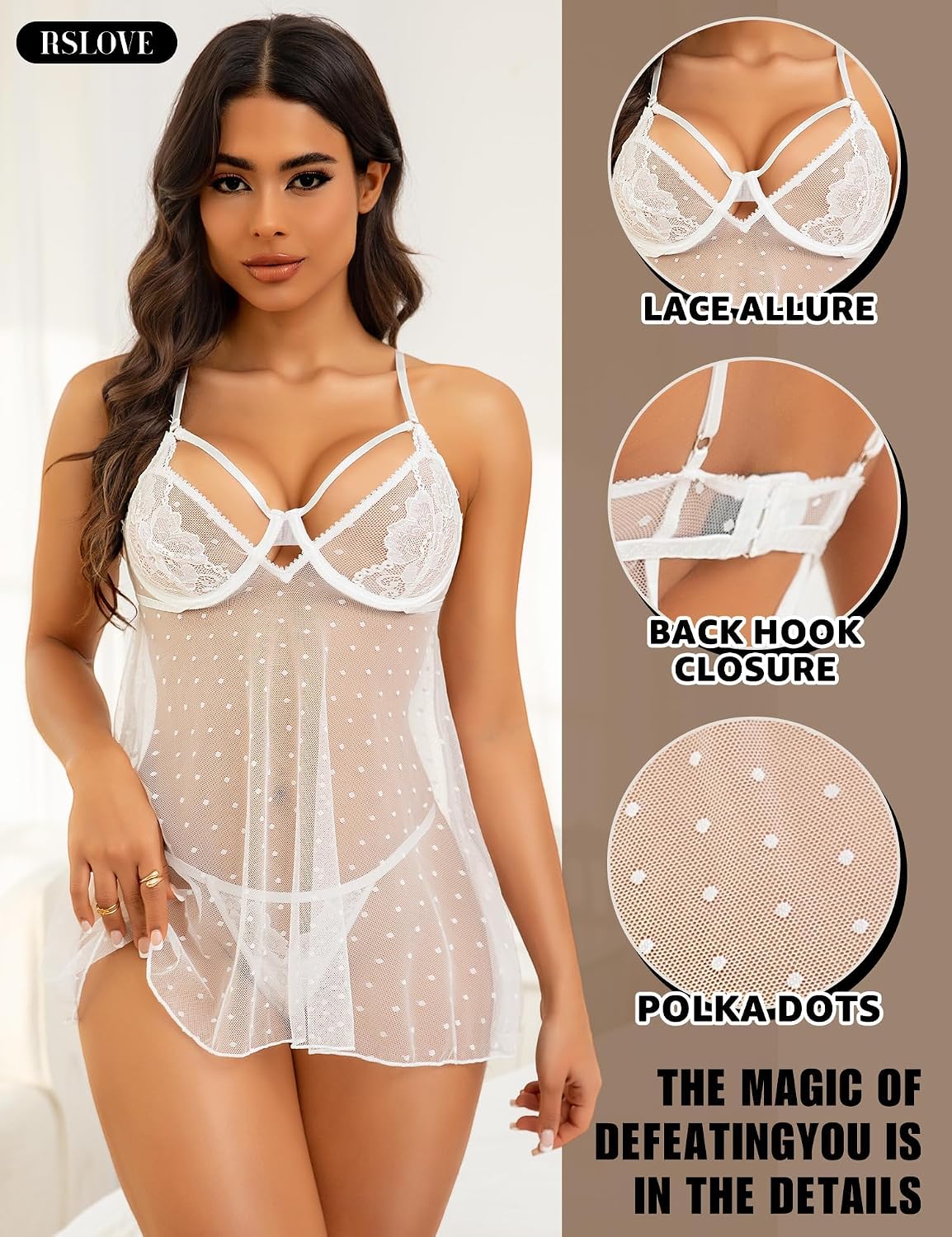 Detalle de RSLOVE babydoll-nattlinne med spets, mesh, V-ringning och bygelkupor