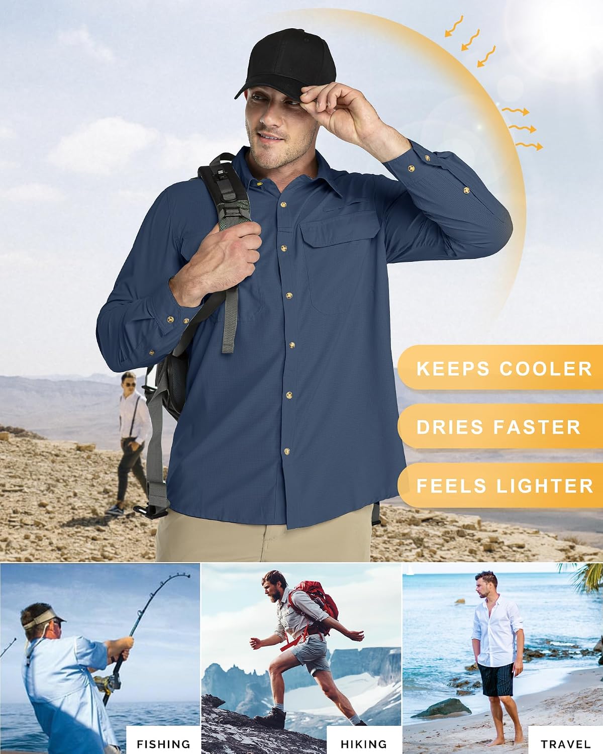 Detalle de 33,000ft Men's Long Sleeve Sun Protection Shirt UPF 50+ — Quick-Dry Outdoor Shirt for Travel, Safari, and Hiking