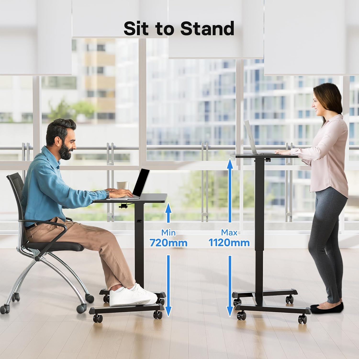Detalle de BONTEC Scrivania per Computer da Ufficio con Altezza Regolabile 72–112 cm, Tavolo Porta PC con Ruote e Vassoio Retrattile