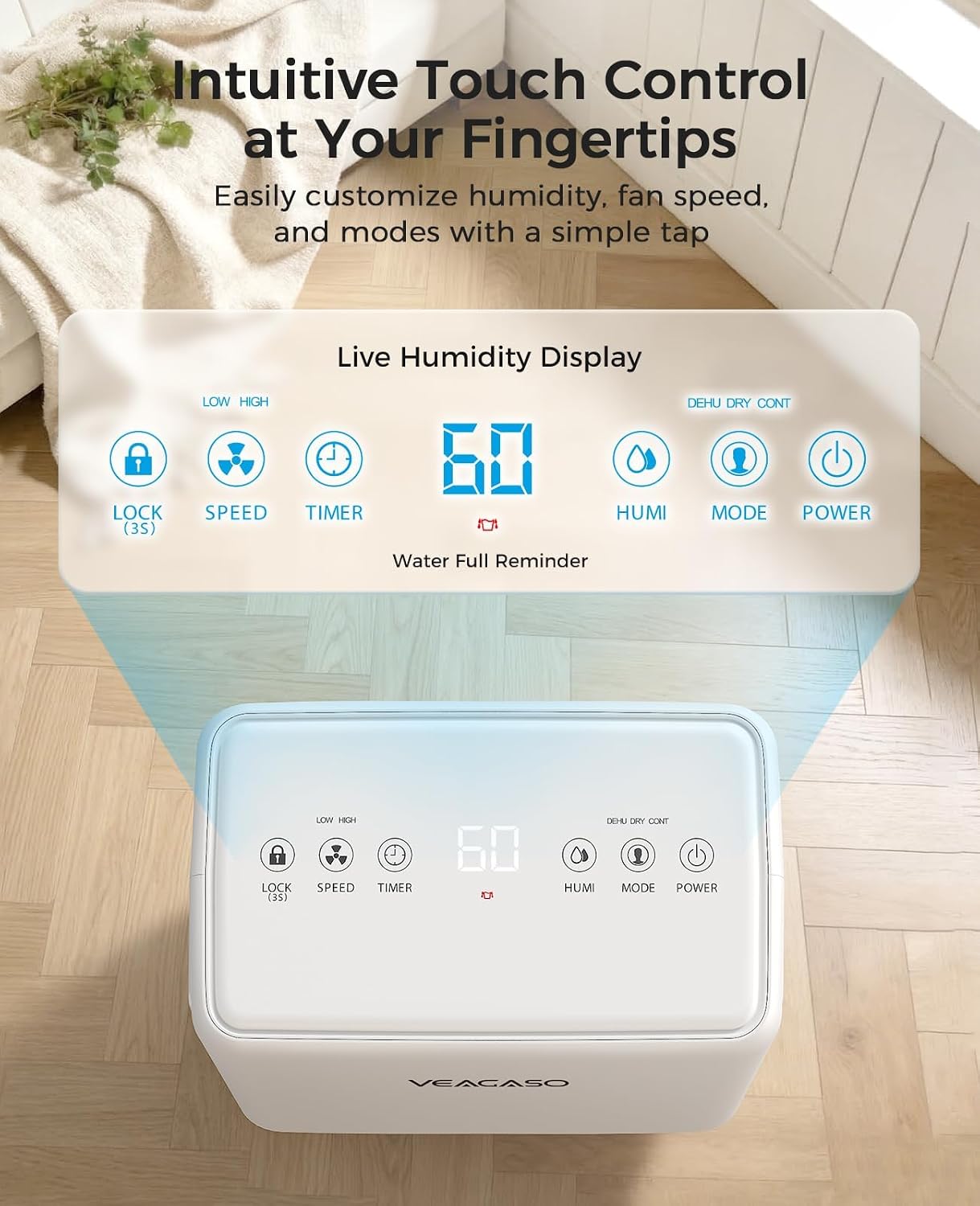 Detalle de VEAGASO CATZ04 Dehumidifier, 30-pint capacity, 2 L tank and continuous drainage