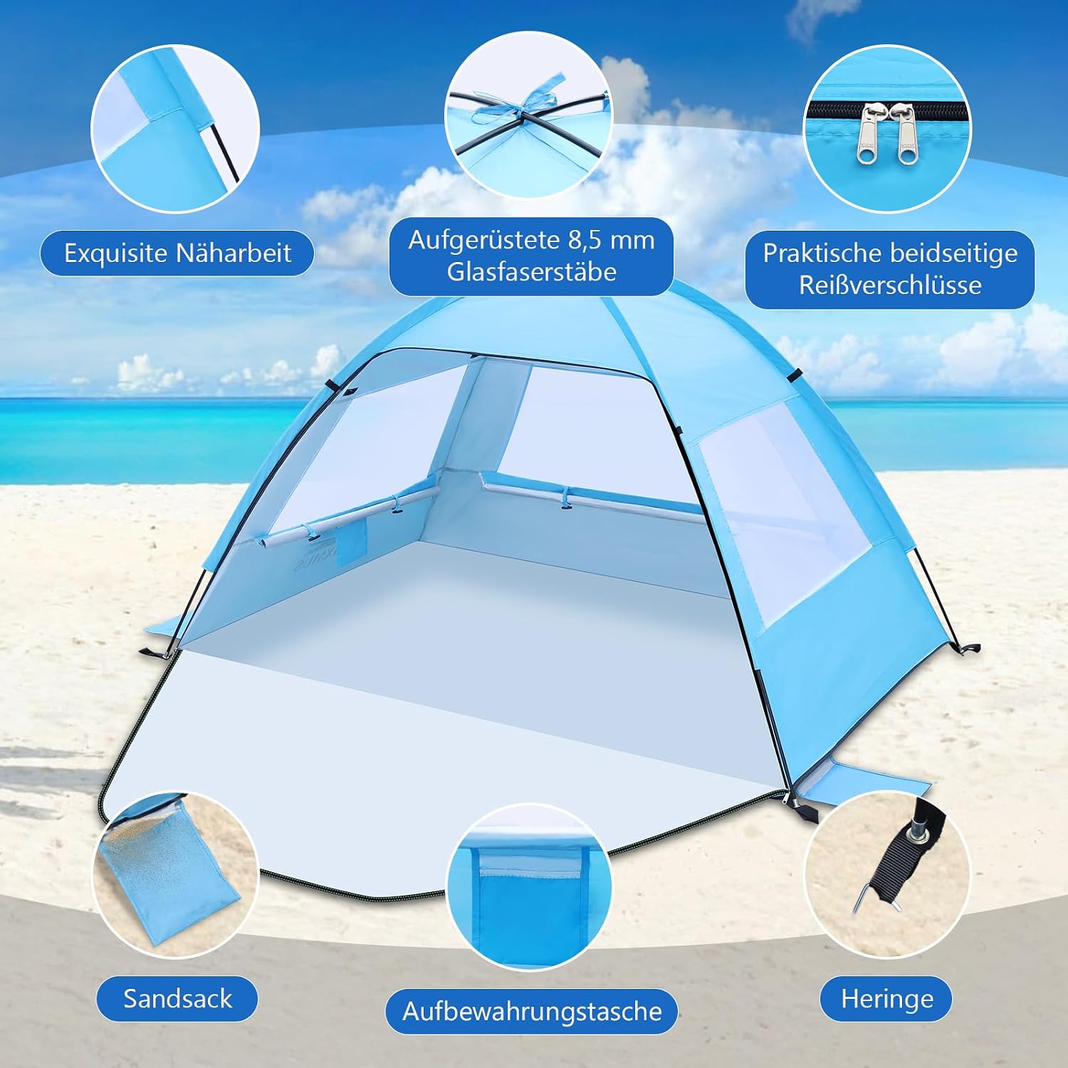 Detalle de Strandmuschel für 1–3 Personen: UV-Schutz UPF 50+, wind- und wasserabweisendes Strandzelt mit kleinem Packmaß