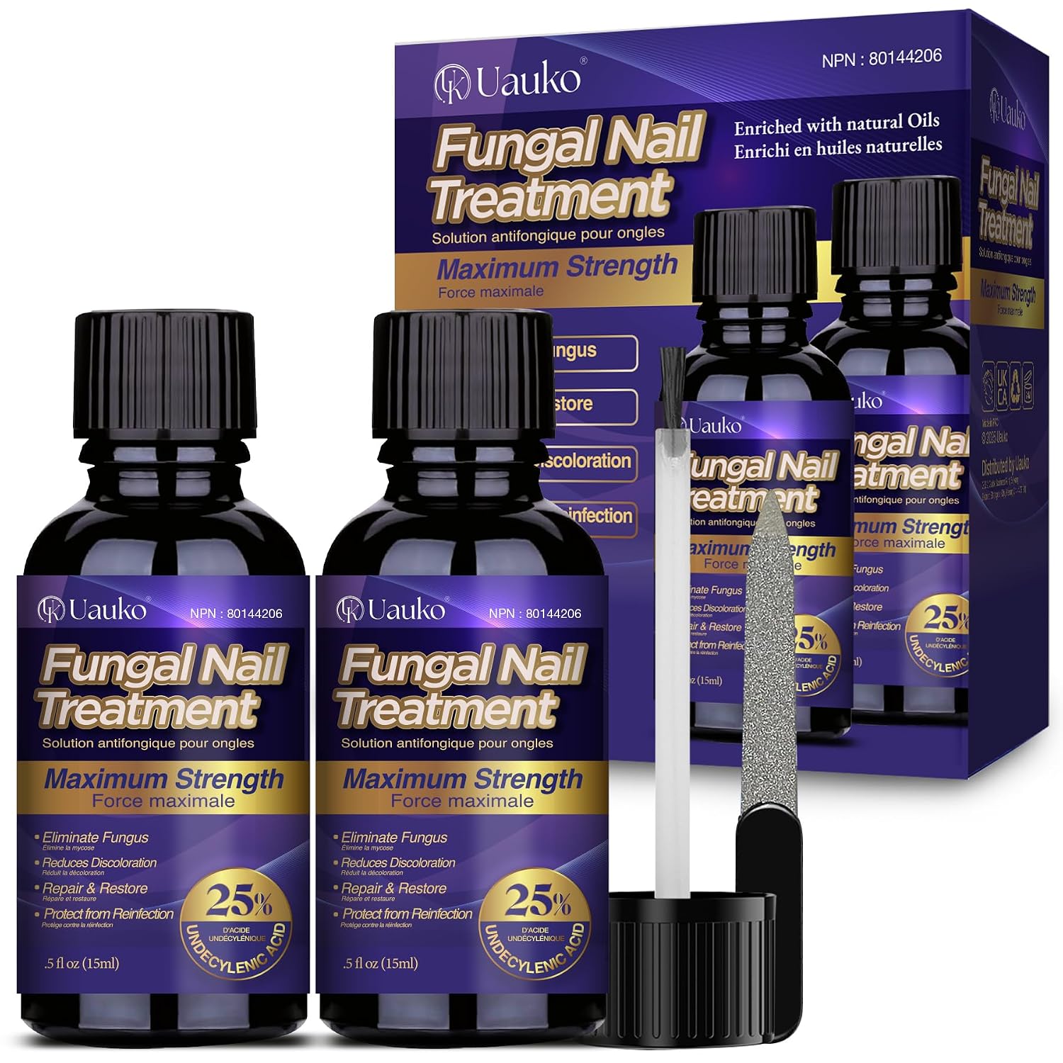 Detalle de UAUKO Toenail Fungus Treatment, 25% Undecylenic Acid, Tea Tree Oil, 2-Pack