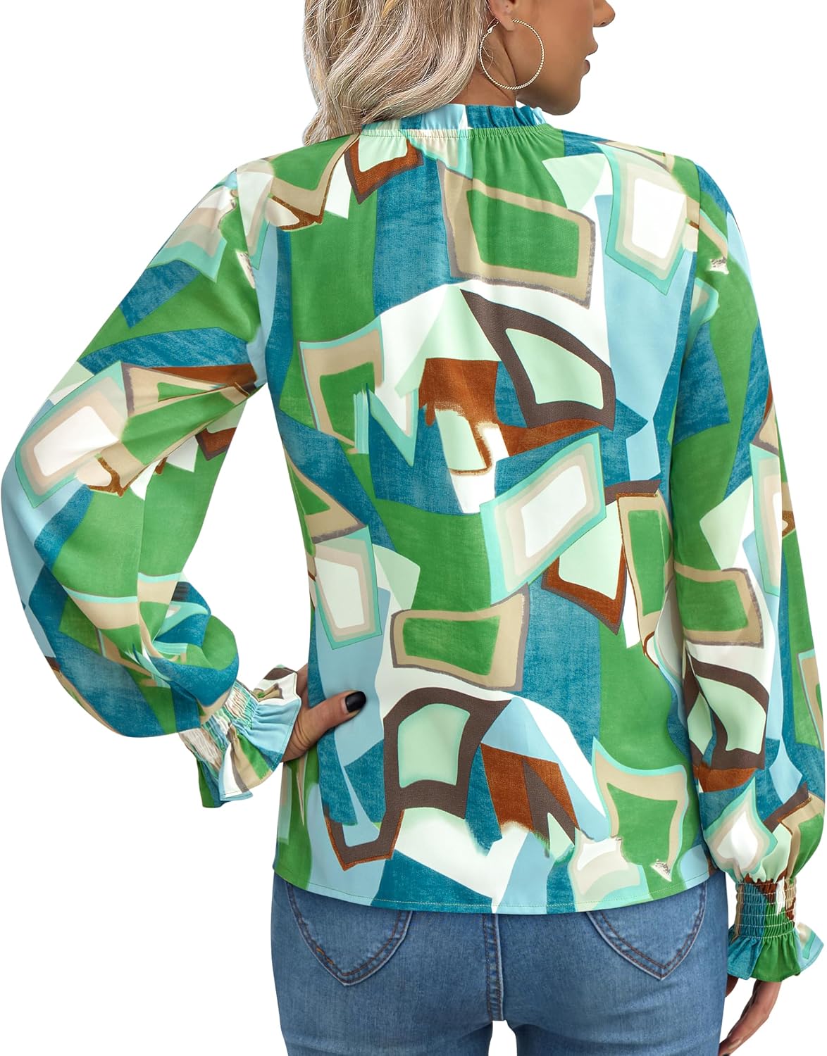 Thumbnail 3 de MASCOMODA V-Neck Floral Long Sleeve Puff Sleeve Chiffon Boho Blouse Top