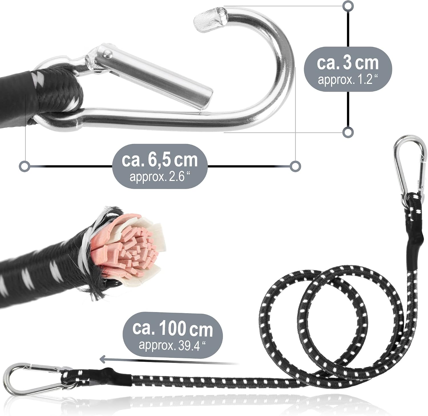Detalle 2 de COM-FOUR 3 cinghie elastiche con moschettone: set da 3 pezzi da 100 cm con strisce riflettenti