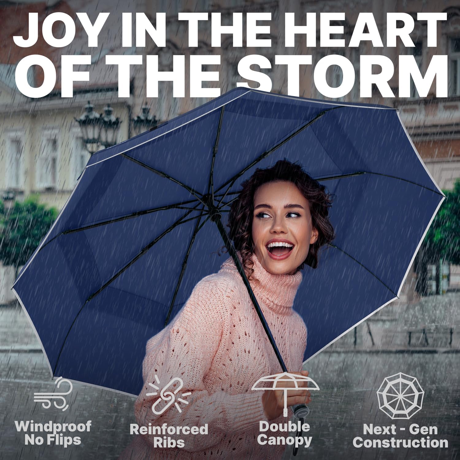 Thumbnail 3 de Royal Walk Windproof Folding Travel Umbrella with Vented Double Canopy and Real Wood Handle (Dark Blue)