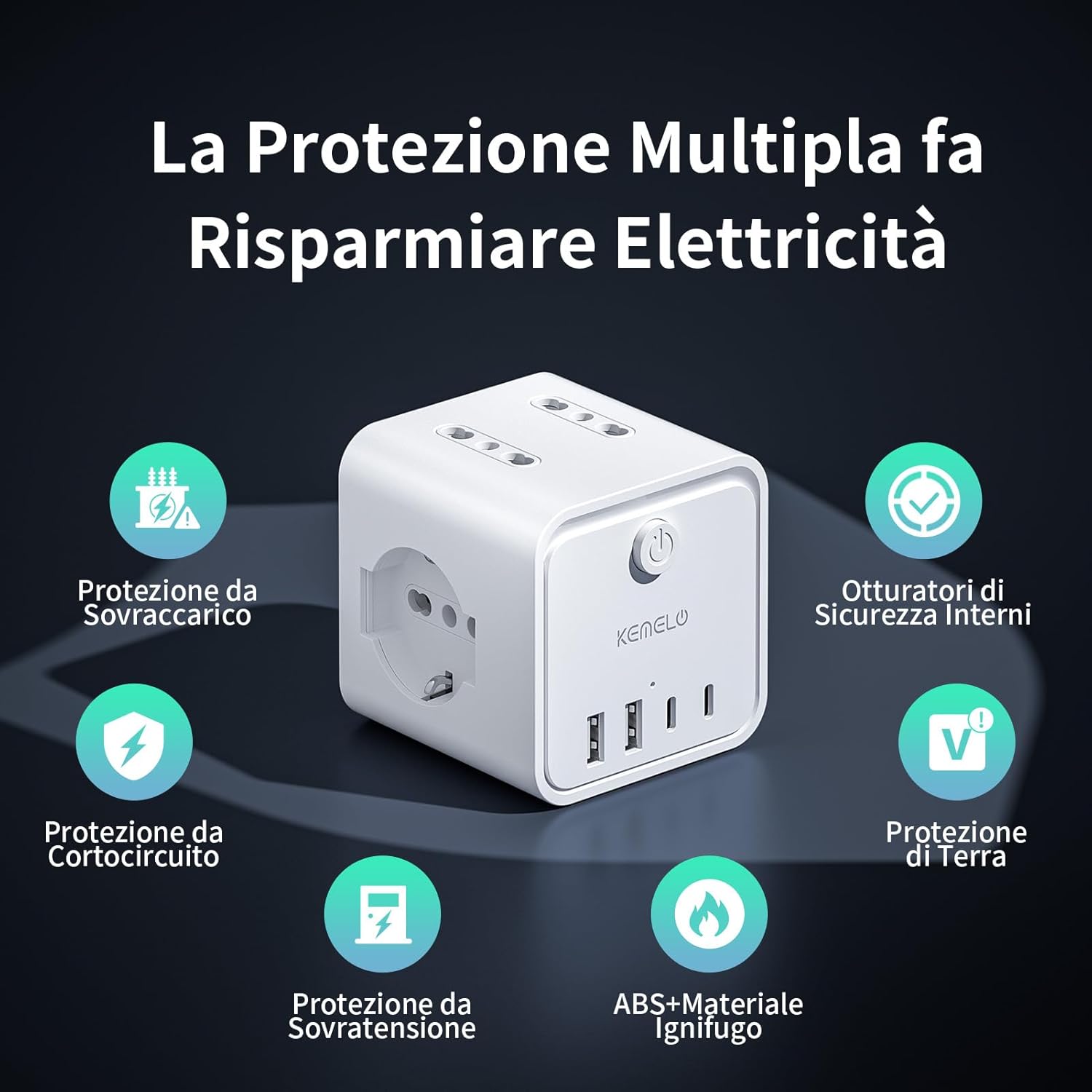 Thumbnail 6 de Ciabatta Elettrica Multipresa con 4 prese universali 10/16A, 2 USB-A + 2 USB-C e 3 m di prolunga (spina piatta salvaspazio) – kit nero con interruttori