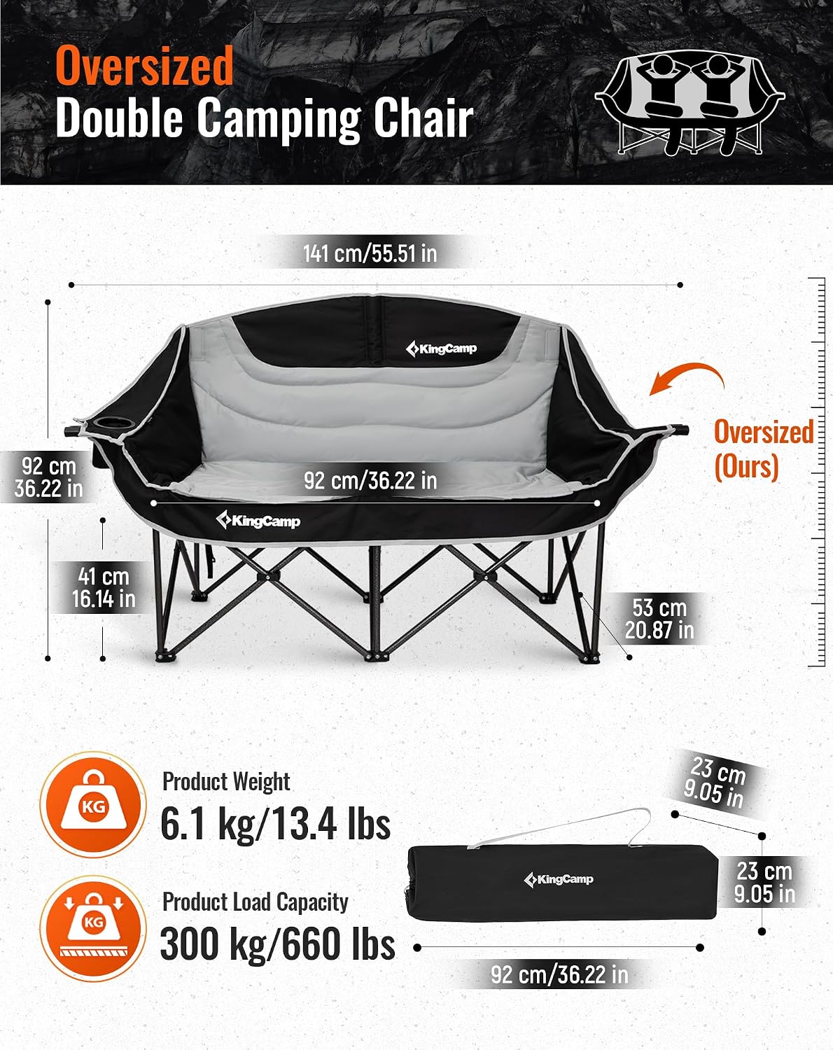 Thumbnail 2 de KingCamp Double Camping Chair for Adults: Spacious 2-Person Seat with Wine Glass Holders and Cup Pockets