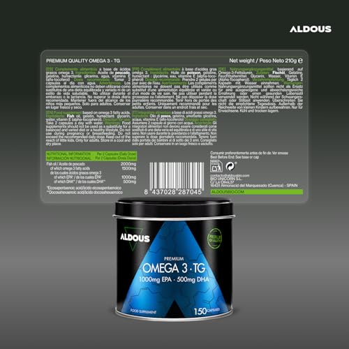 Detalle 2 de Omega 3 Capsulas Premium de Aldous Bio: 1500 mg de Omega 3 (EPA 1000 mg / DHA 500 mg) en TG, 150 cápsulas