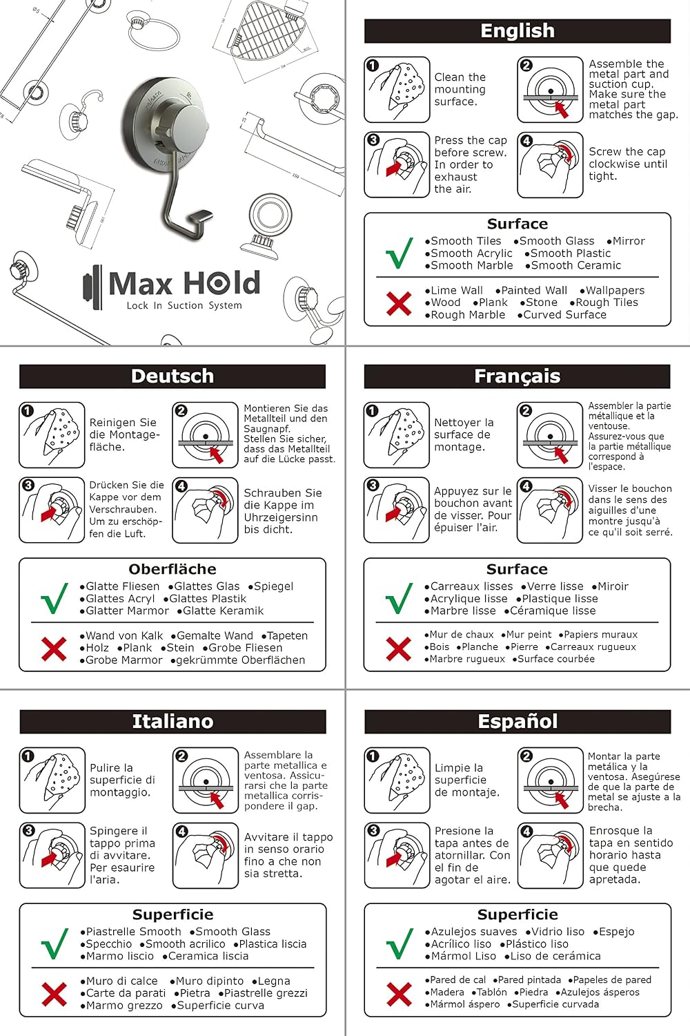 Thumbnail 6 de MaxHold No-Drilling/Suction Cup Single Towel Bar 18" – Stainless Steel, 30lb+ Load, No Tools