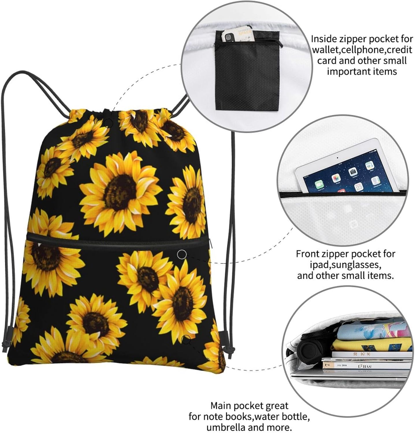 Detalle 2 de Newhomestyle Summer Sunflower Drawstring Bag: Lightweight, Versatile Gym & Travel Sacks