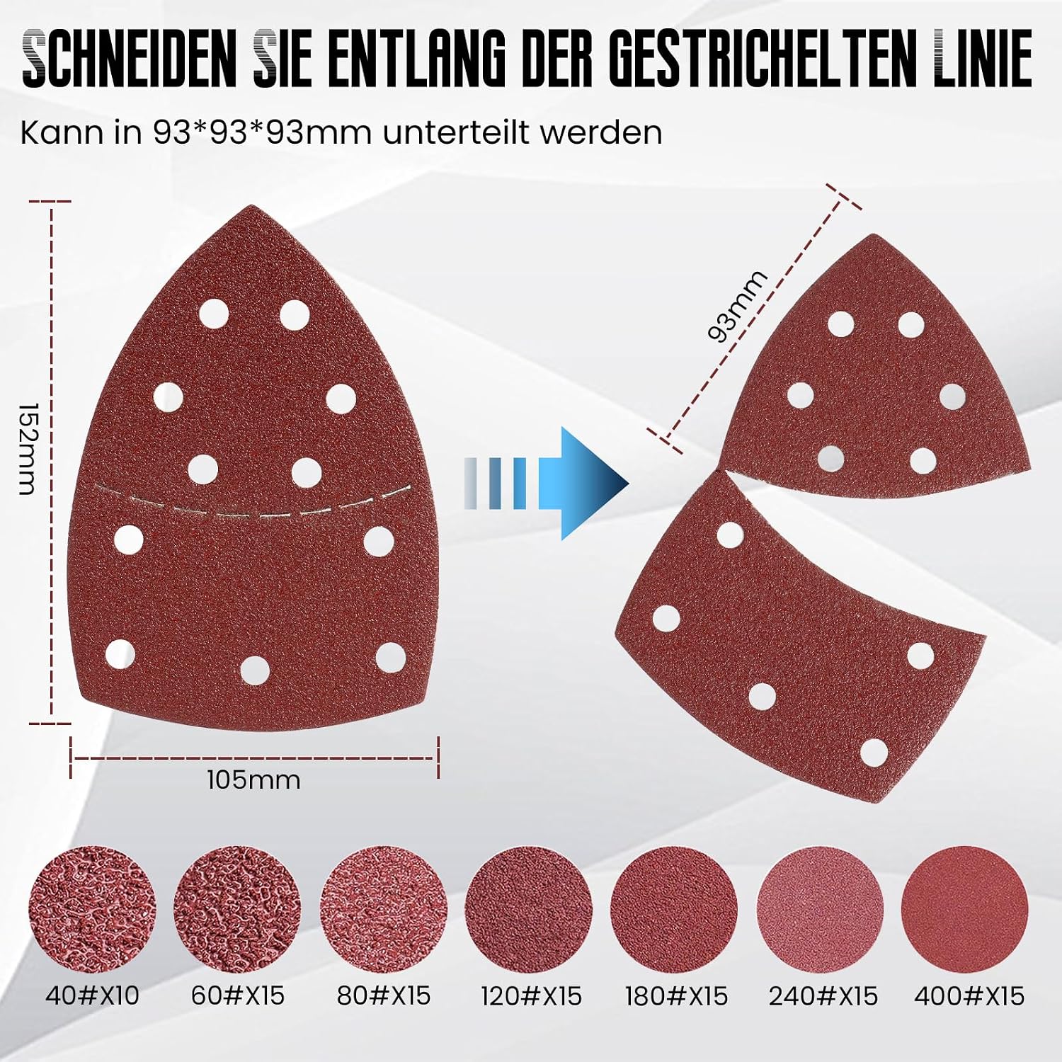 Detalle 2 de Dreieckschleifer Schleifpapier Set 40–400 100 Stück